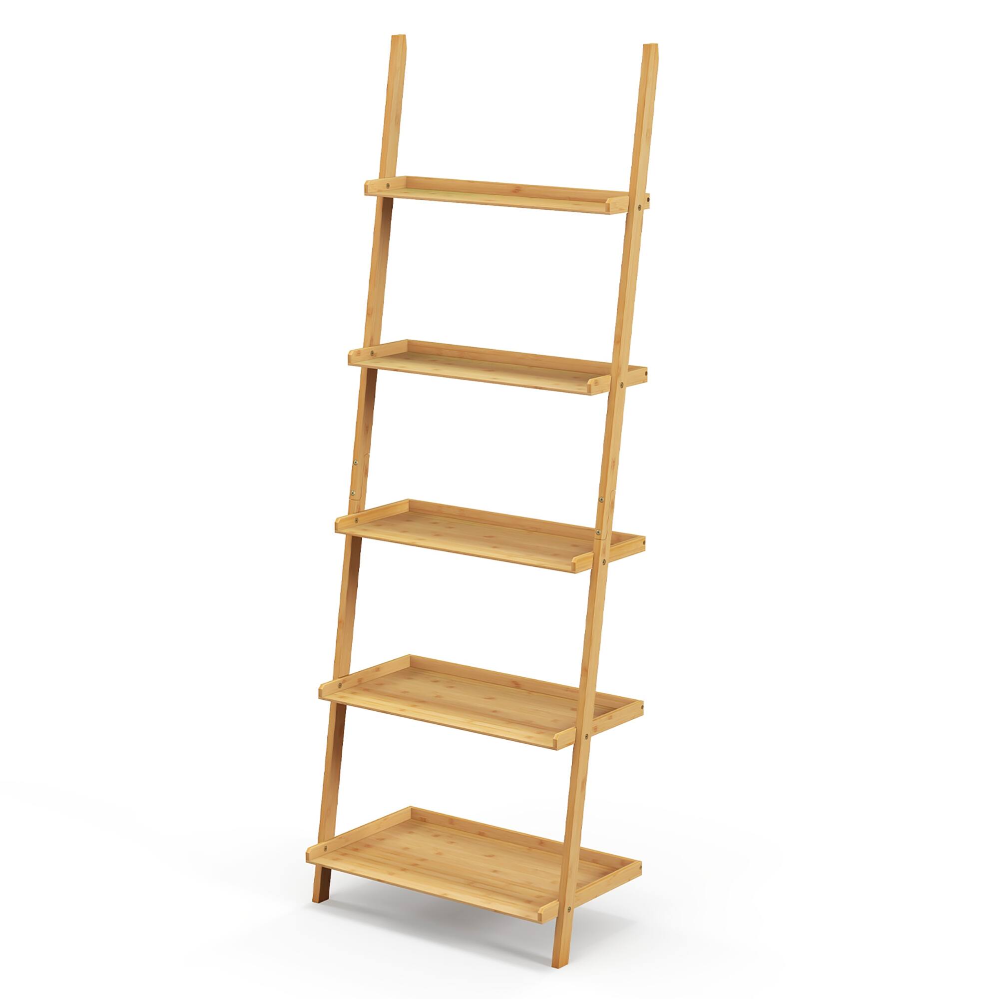 Alt View 9. Gymax - Gymax 5-Tier Bamboo Ladder Shelf Wall-Leaning Bookshelf Display Bookcase Storage Rack - Natural.
