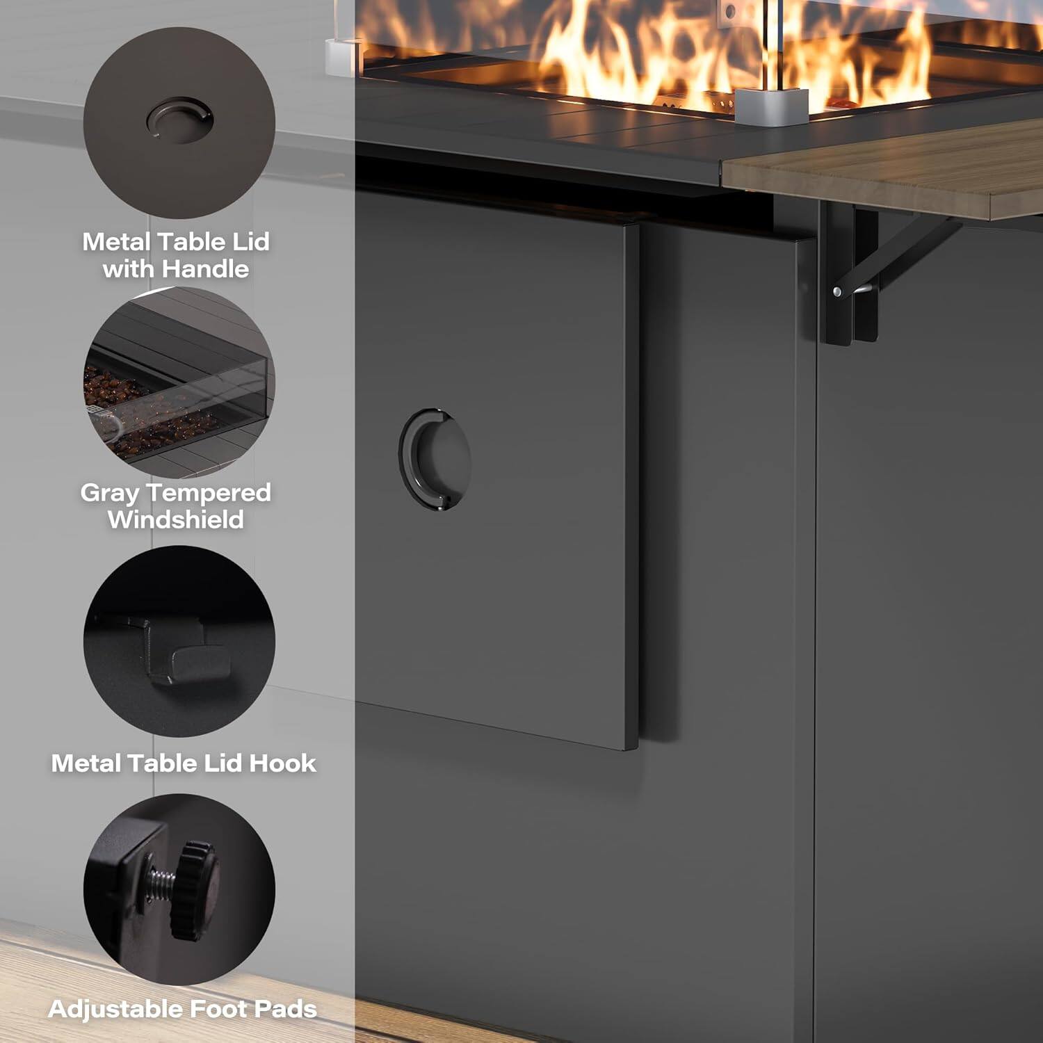 - Metal Table Lid with Handle
- Gray Tempered Windshield
- Metal Table Lid Hook
- Adjustable Foot Pads