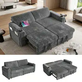 Dyonery - 91" Sectional Sleeper Sofa: Pull-out bed, oversized loveseat with reclining backrest, USB ports, cup holders. - Gray
