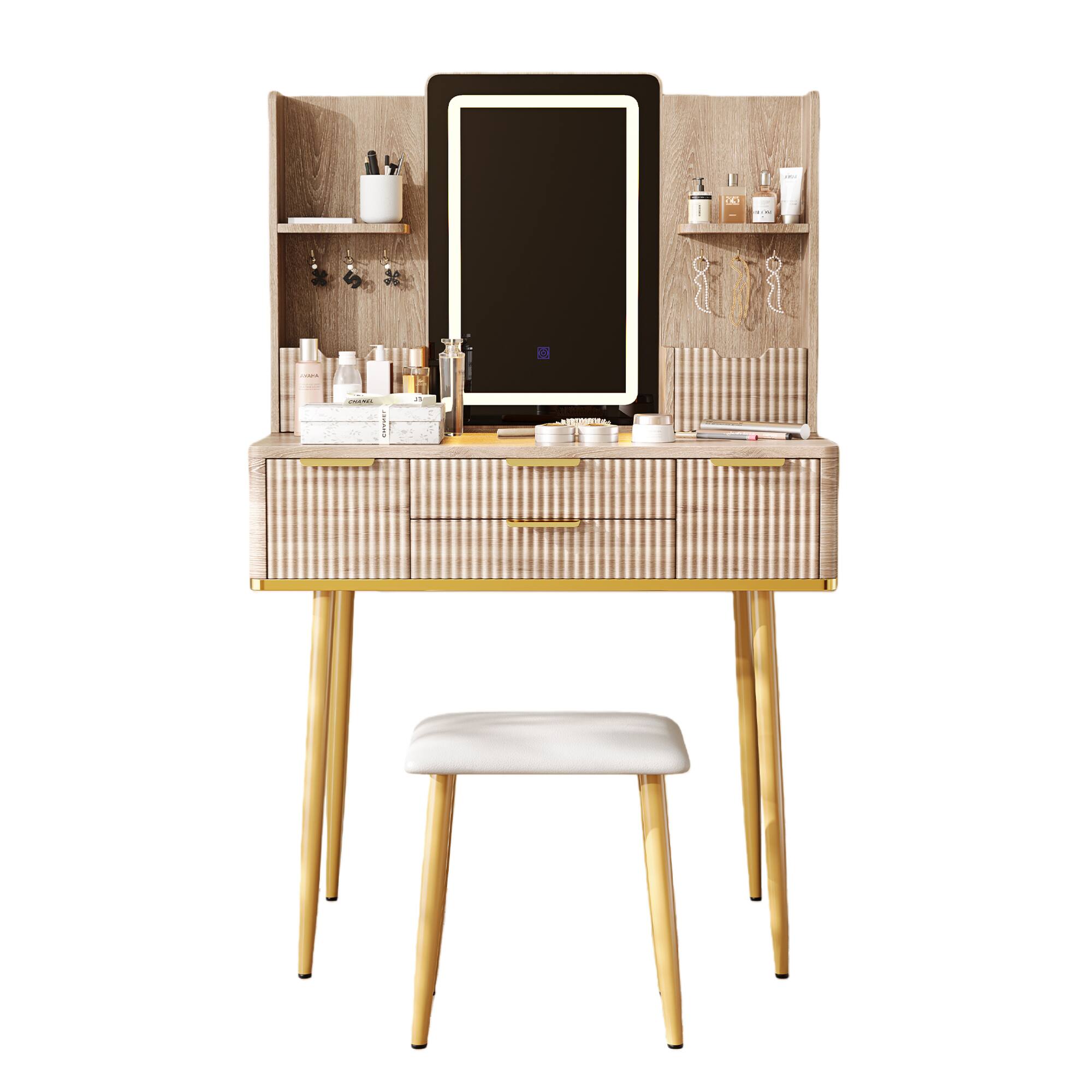 Left. GOODSILO - Elegant Fluted Vanity Desk with LED Mirror and Jewelry Storage, Modern Dressing Table with Comfortable Stool - Yellow Brown.