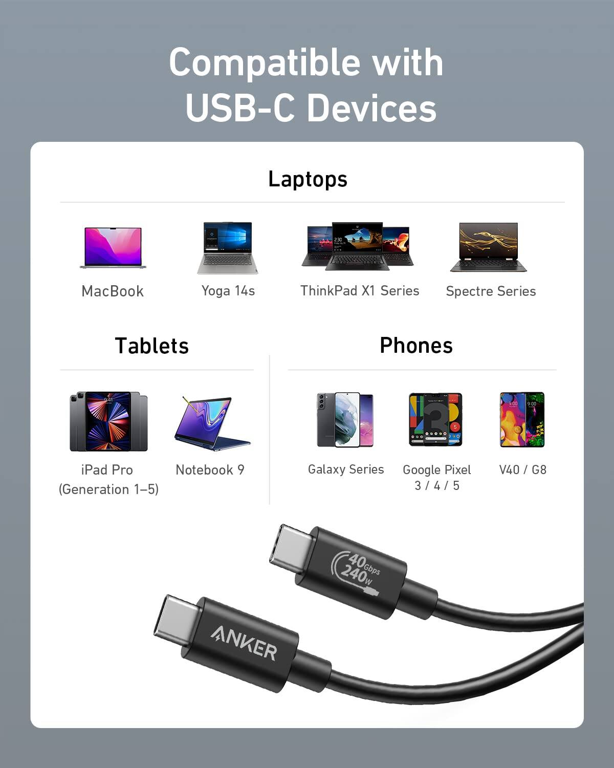 Compatible with USB-C Devices

Laptops
- MacBook
- Yoga 14s
- ThinkPad X1 Series
- Spectre Series

Tablets
- iPad Pro (Generation 1-5)
- Notebook 9

Phones
- Galaxy Series
- Google Pixel 3 / 4 / 5
- V40 / G8

240w 40Gbps

ANKER