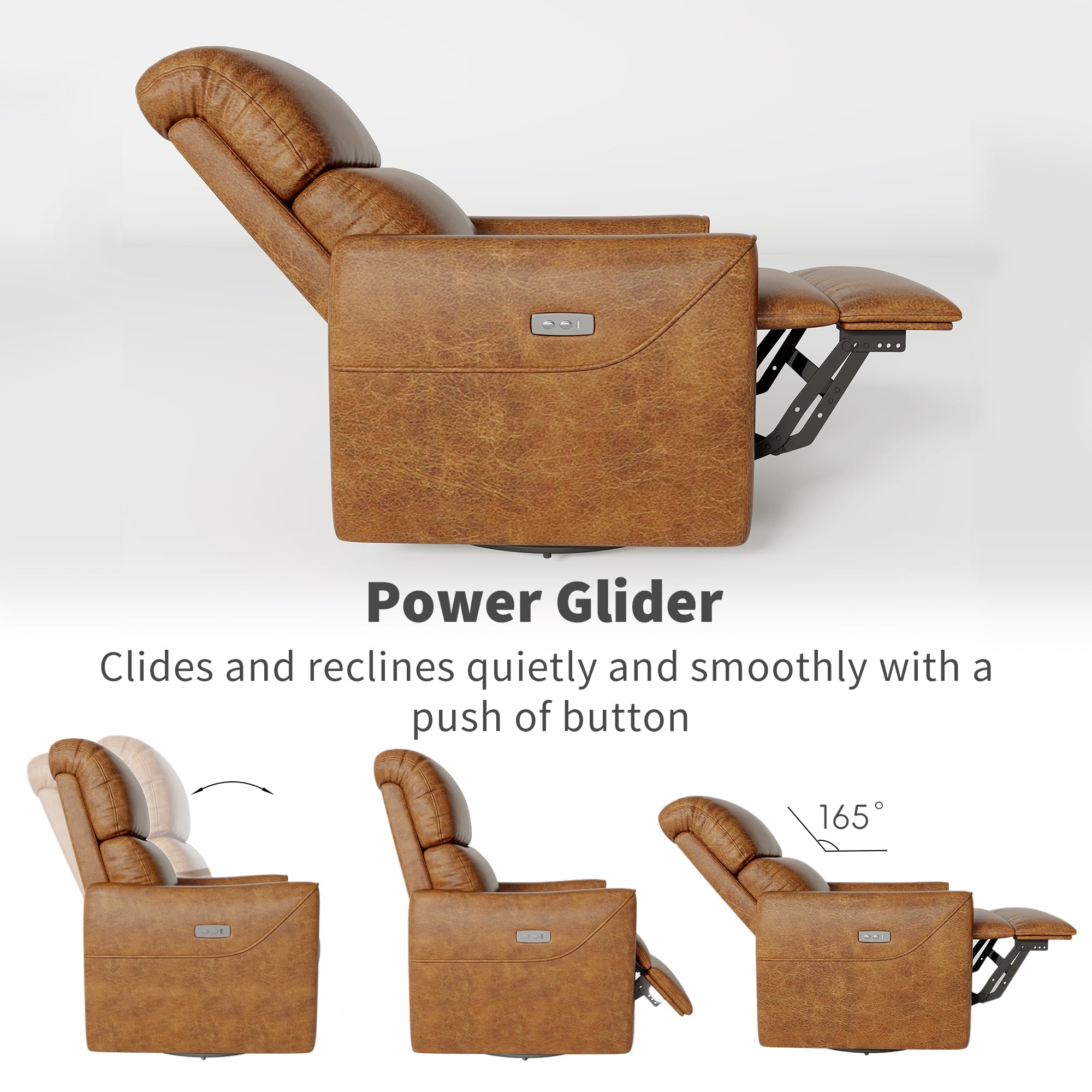 Power Glider  
Clides and reclines quietly and smoothly with a push of button  
165°
