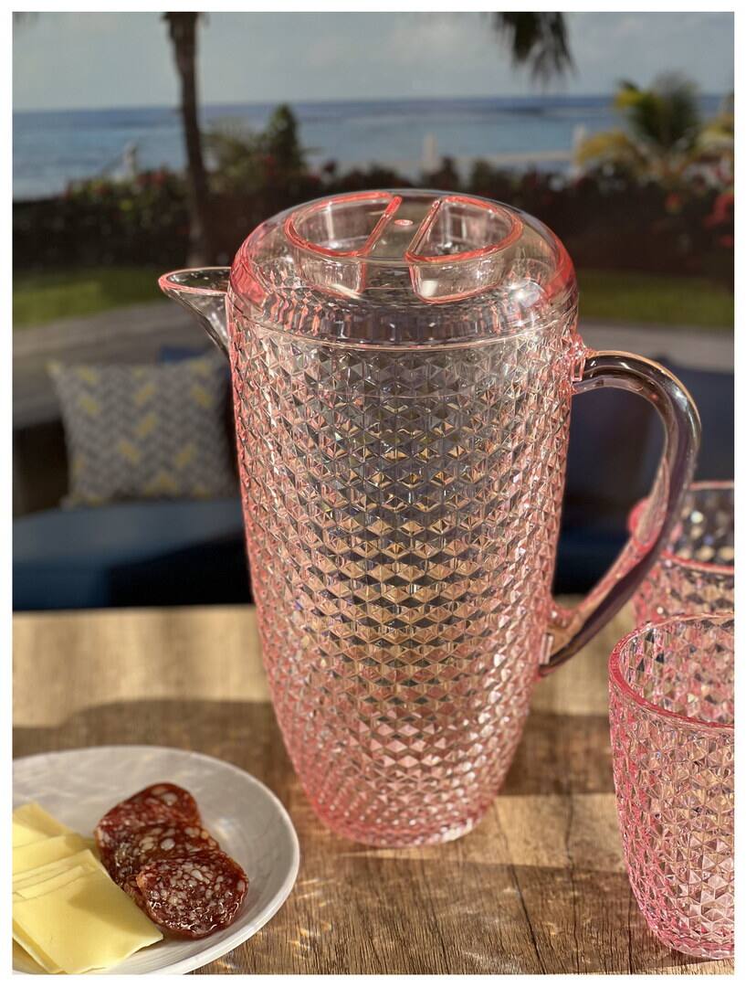 Left. APRILSOUL - Quarts Water Pitcher with Lid Diamond Cut Unbreakable Plastic BPA Free Juice Pitcher - Pink.