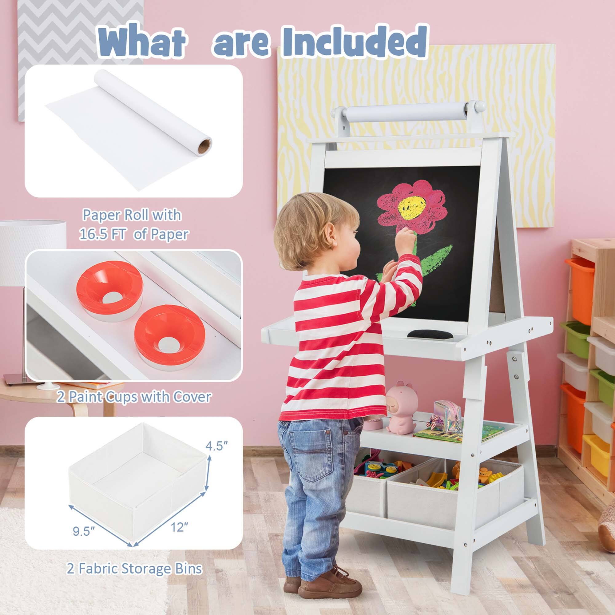 What are Included: Paper Roll with 16.5 FT of Paper, 2 Paint Cups with Cover (4.5" and 9.5"), 12" Paintbrush, 2 Fabric Storage Bins.