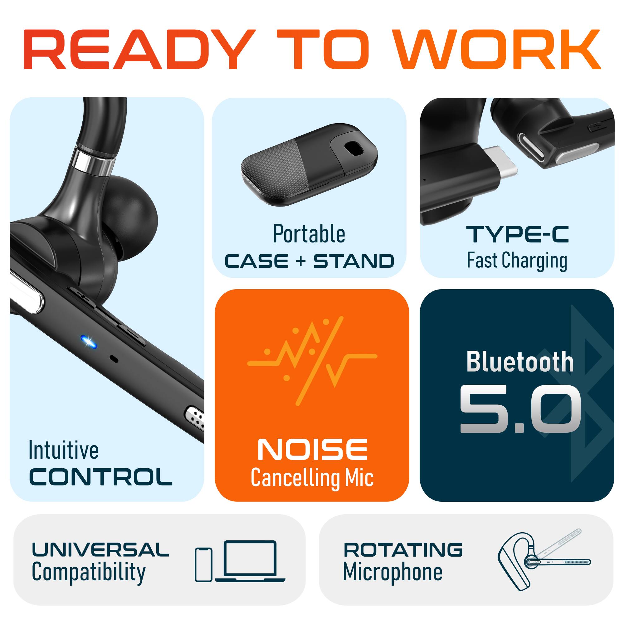 READY TO WORK

- Portable CASE + STAND
- TYPE-C Fast Charging
- Intuitive CONTROL
- NOISE Cancelling Mic
- Bluetooth 5.0
- UNIVERSAL Compatibility
- ROTATING Microphone