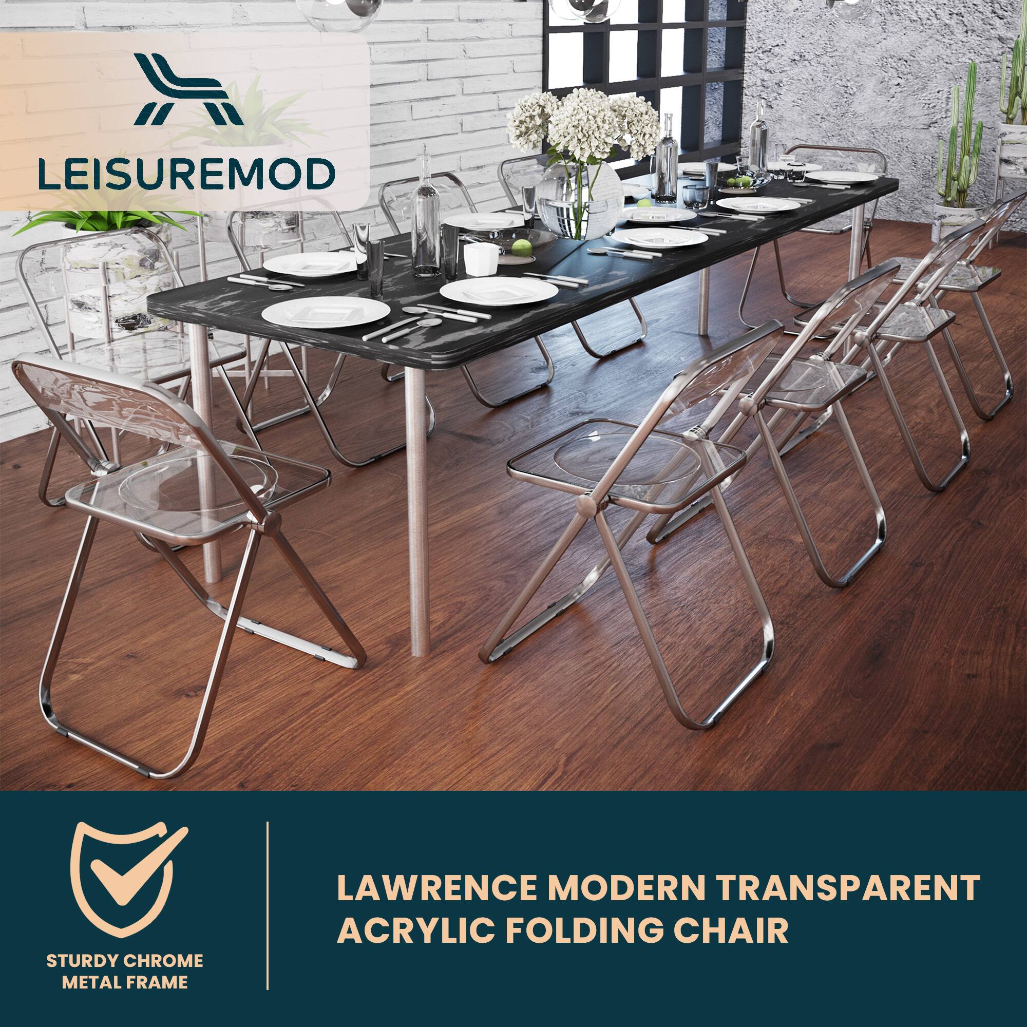 LEISUREMOD STURDY CHROME METAL FRAME LAWRENCE MODERN TRANSPARENT ACRYLIC FOLDING CHAIR