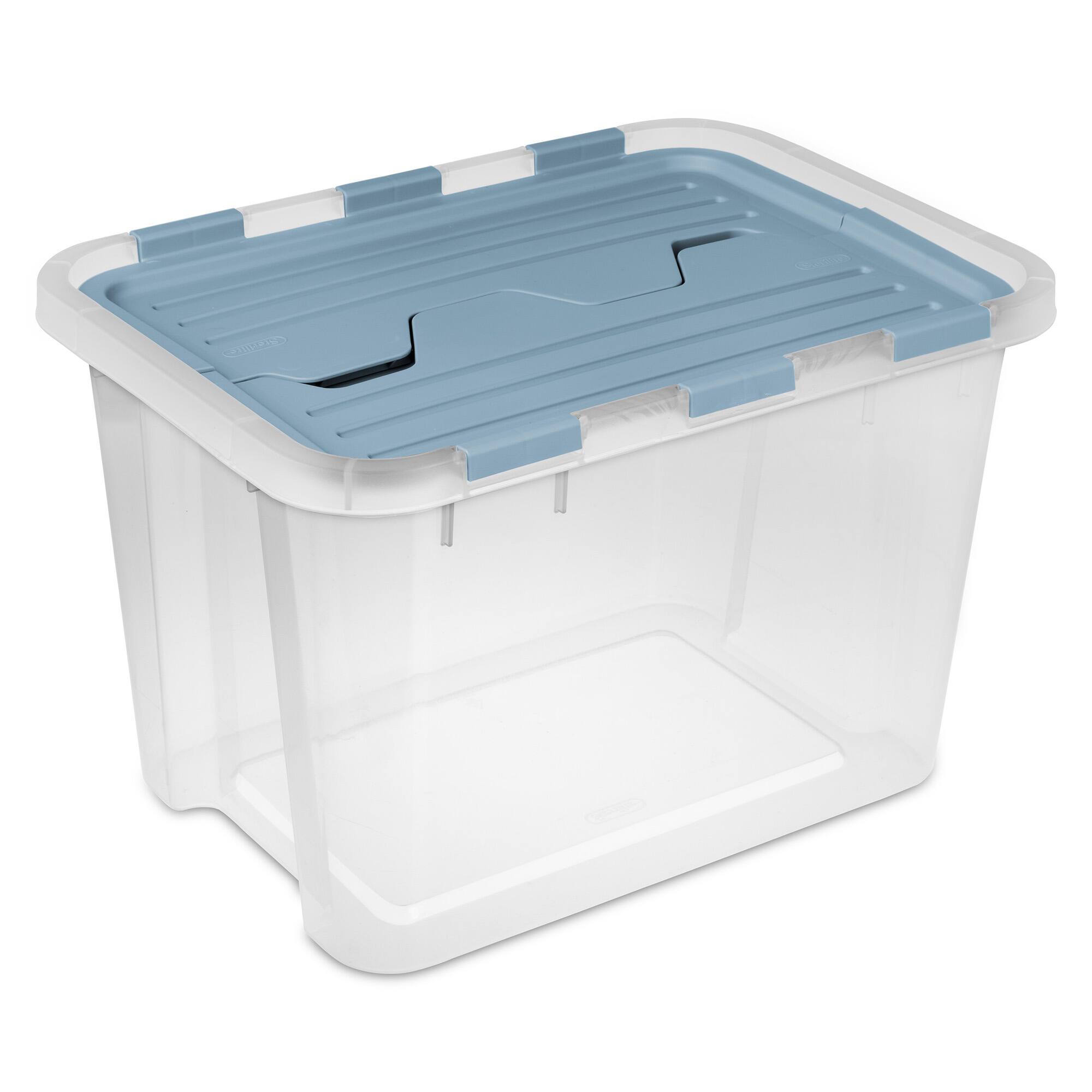 Front. Sterilite - Sterilite 30 Qt Hinged Lid Storage Box, Plastic Container, Washed Blue, 24 Pack.