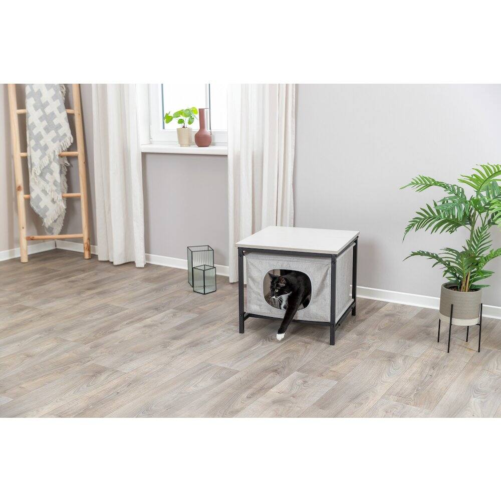 Angle. TRIXIE - Emmie Indoor Cat Condo, Cat Bed Side Table, Cat Hideaway Cave with Cozy Cushion - Gray.
