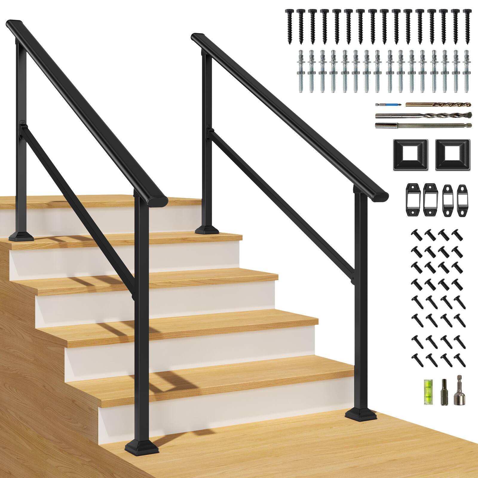 Front. LOVMOR - LOVMOR 2 Pack 5 Step Hand Rails for Outdoor Steps Wrought Iron Railing - Black.