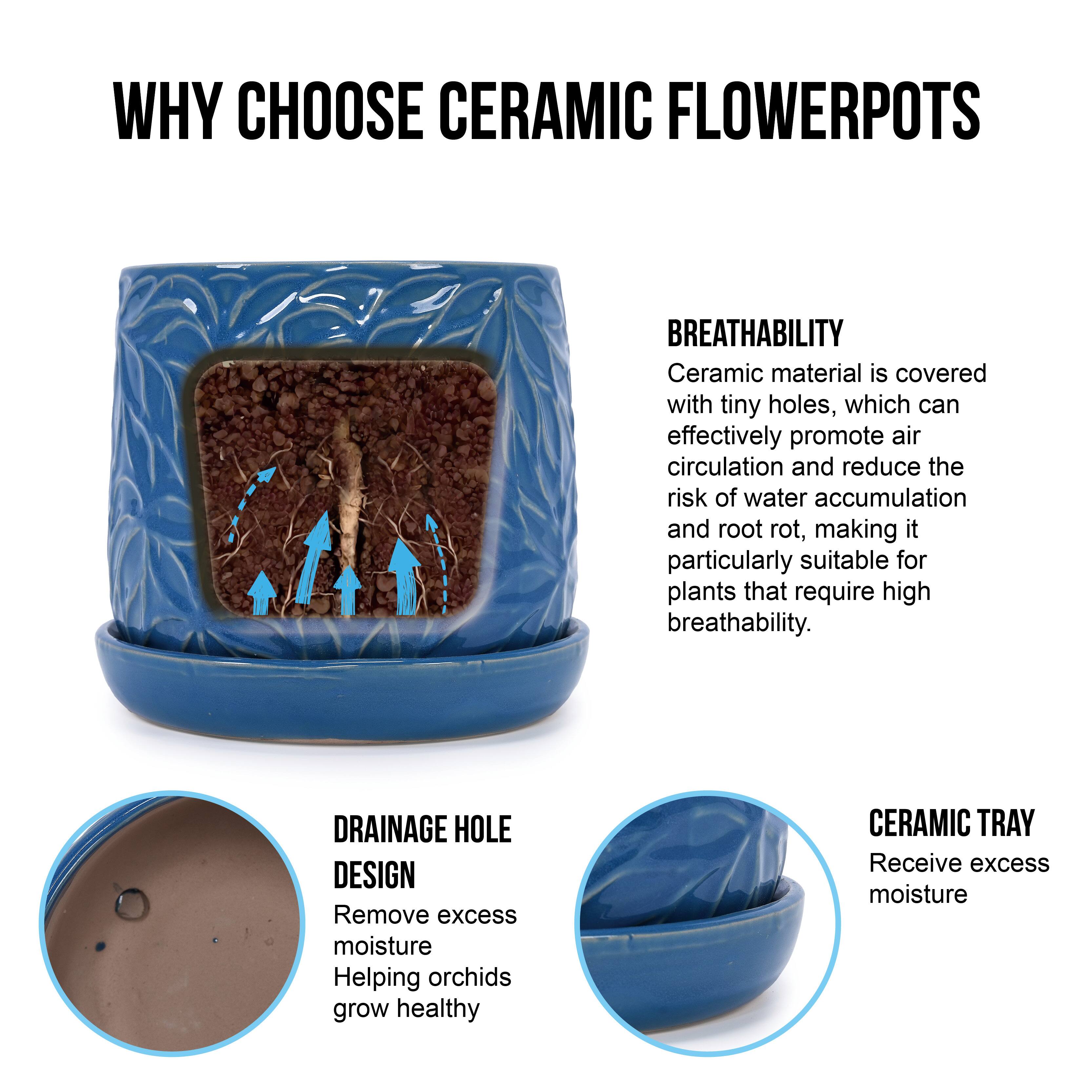 WHY CHOOSE CERAMIC FLOWER POTS

BREATHABILITY
Ceramic material is covered with tiny holes, which can effectively promote air circulation and reduce the risk of water accumulation and root rot, making it particularly suitable for plants that require high breathability.

DRAINAGE HOLE DESIGN
Remove excess moisture
Helping orchids grow healthy

CERAMIC TRAY
Receive excess moisture