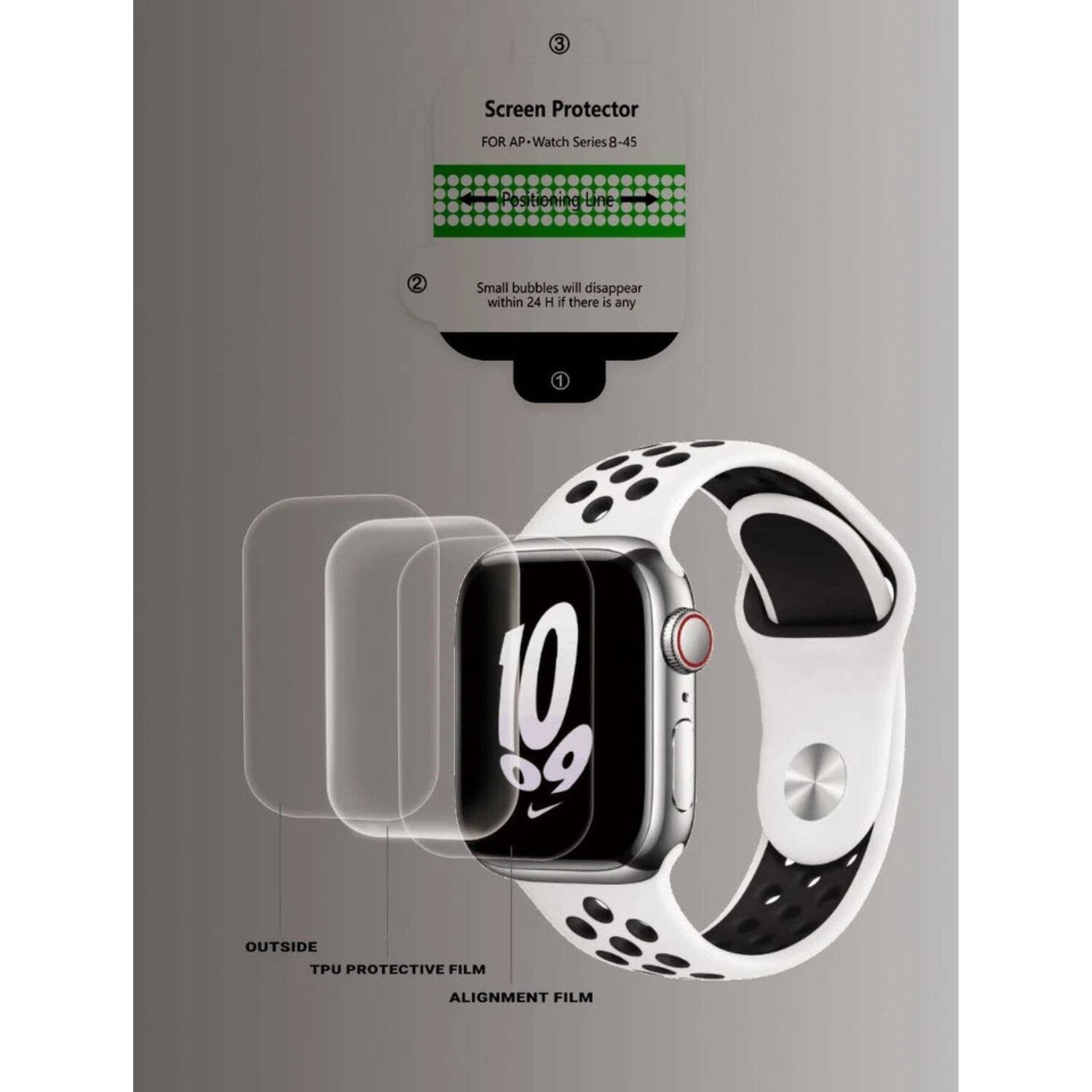 Sure, here is the corrected and grouped text from the image:

---

**Screen Protector**  
FOR AP-WATCH Series 8-45

1. **Positioning Line**

2. Small bubbles will disappear within 24 H if there is any

3. **OUTSIDE**  
   TPU PROTECTIVE FILM  
   ALIGNMENT FILM

---

This text is organized to reflect the information provided on the packaging.