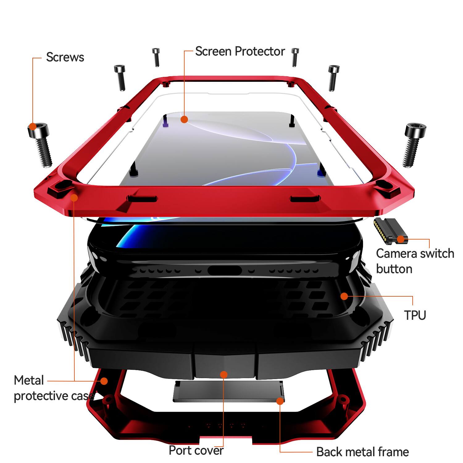 Screws, Screen Protector, Camera switch button, TPU, Metal protective case, Port cover, Back metal frame