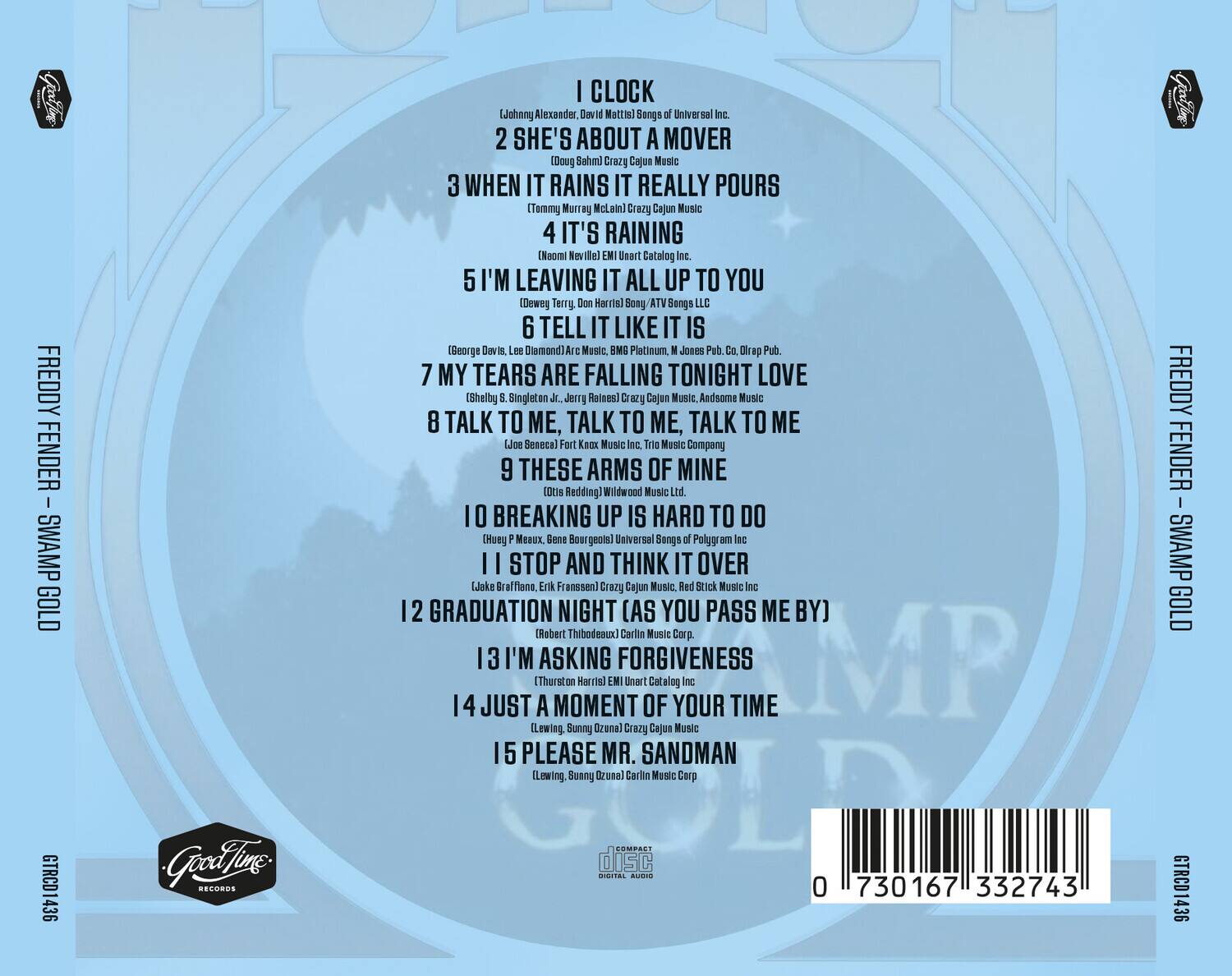 FREDDY FENDER - SWAMP GOLD

1. I CLOCK  
   (Johany Alexander, David Mattis) Songs of Universal Inc.

2. SHE'S ABOUT A MOVER  
   (Doug Bahm) Crazy Cajun Music

3. WHEN IT RAINS IT REALLY POURS  
   (Tommy Murray, McLean) Crazy Cajun Music

4. IT'S RAINING  
   (Noomi Neville) EM Unit Catalog Inc.

5. I'M LEAVING IT ALL UP TO YOU  
   (Dewey Terry, Don Harris) ATV Songs LLC

6. TELL IT LIKE IT IS  
   (George Davis, Lee Diamond) Arc Music, BMI Platinum, M. Jones Pub. Co., Dirap Pub.

7. MY TEARS ARE FALLING TONIGHT LOVE  
   (Shelby Singleten, Jerry Raines) Crazy Cajun Music, Andsome Music

8. TALK TO ME, TALK TO ME, TALK TO ME  
   (Loe Senecal) Kx Music Music Company

9. THESE ARMS OF MINE  
   (Otis Redding) Wildwood Music Ltd.

10. BREAKING UP IS HARD TO DO  
    (H