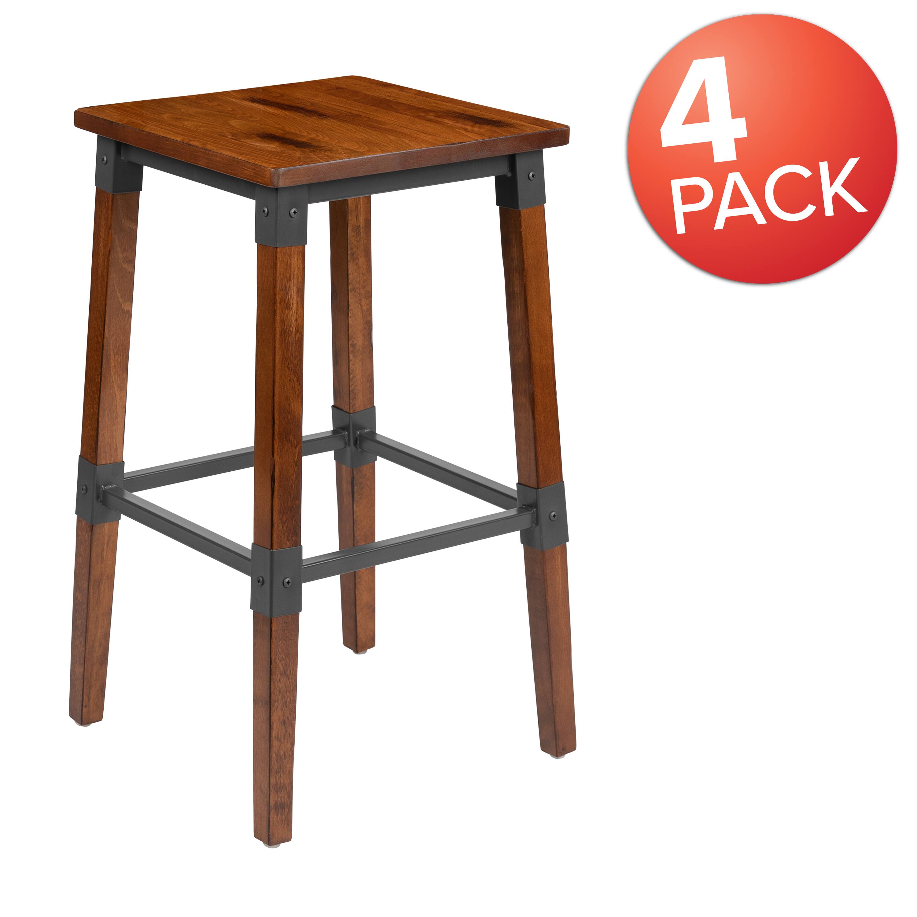Alt View 1. Emma + Oliver - 4 Pack Commercial Grade Rustic Industrial Style Backless Wood Barstool - Walnut.