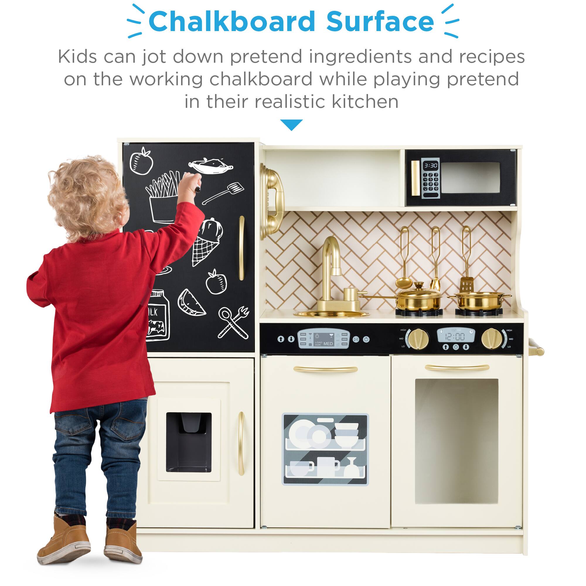 Chalkboard Surface

Kids can jot down pretend ingredients and recipes on the working chalkboard while playing pretend in their realistic kitchen.