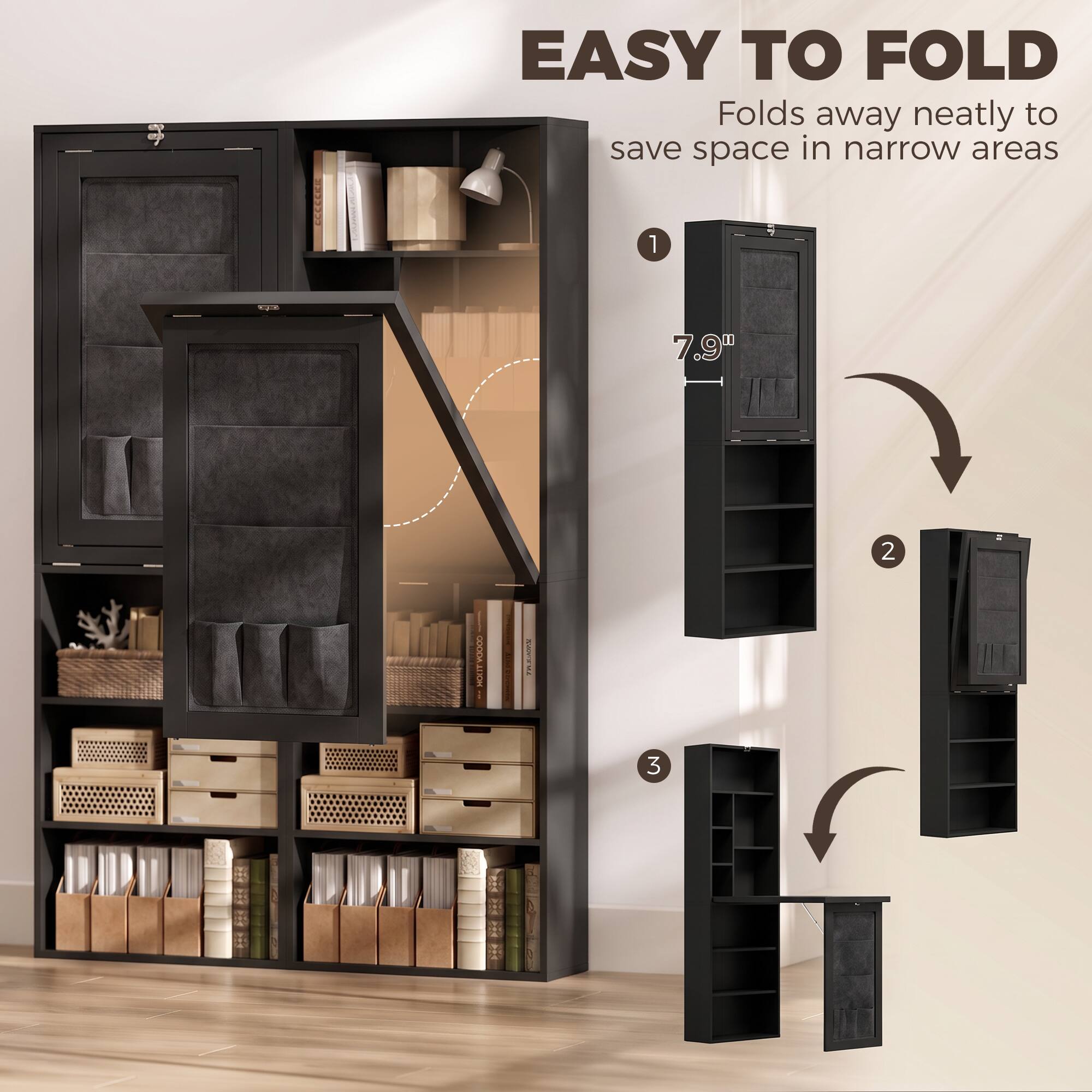 EASY TO FOLD  
Folds away neatly to save space in narrow areas

1  
7.9"  

2  
OOCHDA i HOSTY  
WWW.MZ
