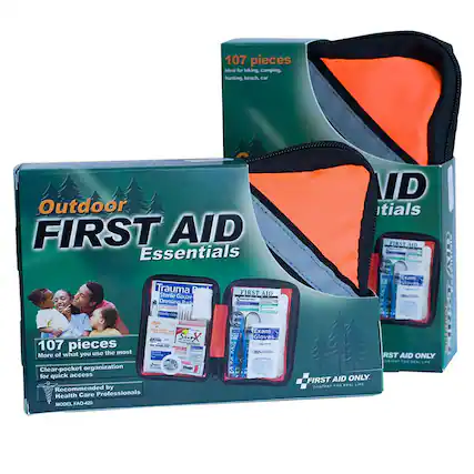 107 pieces Ideal for hiking, camping, hunting, beach, car. Outdoor FIRST AID Essentials. Trauma Sterile Gauze Dressing. Pod FIRST AID Cram Gloves Sterile. 107 pieces of what you use the most. More Clear-pocket organization for quick access. Recommended by Health Care Professionals. MODEL FAO-429. SaX Exam Gloves + FIRST AID ONLY. A LIFE CONTENT RST AID ONLY.
