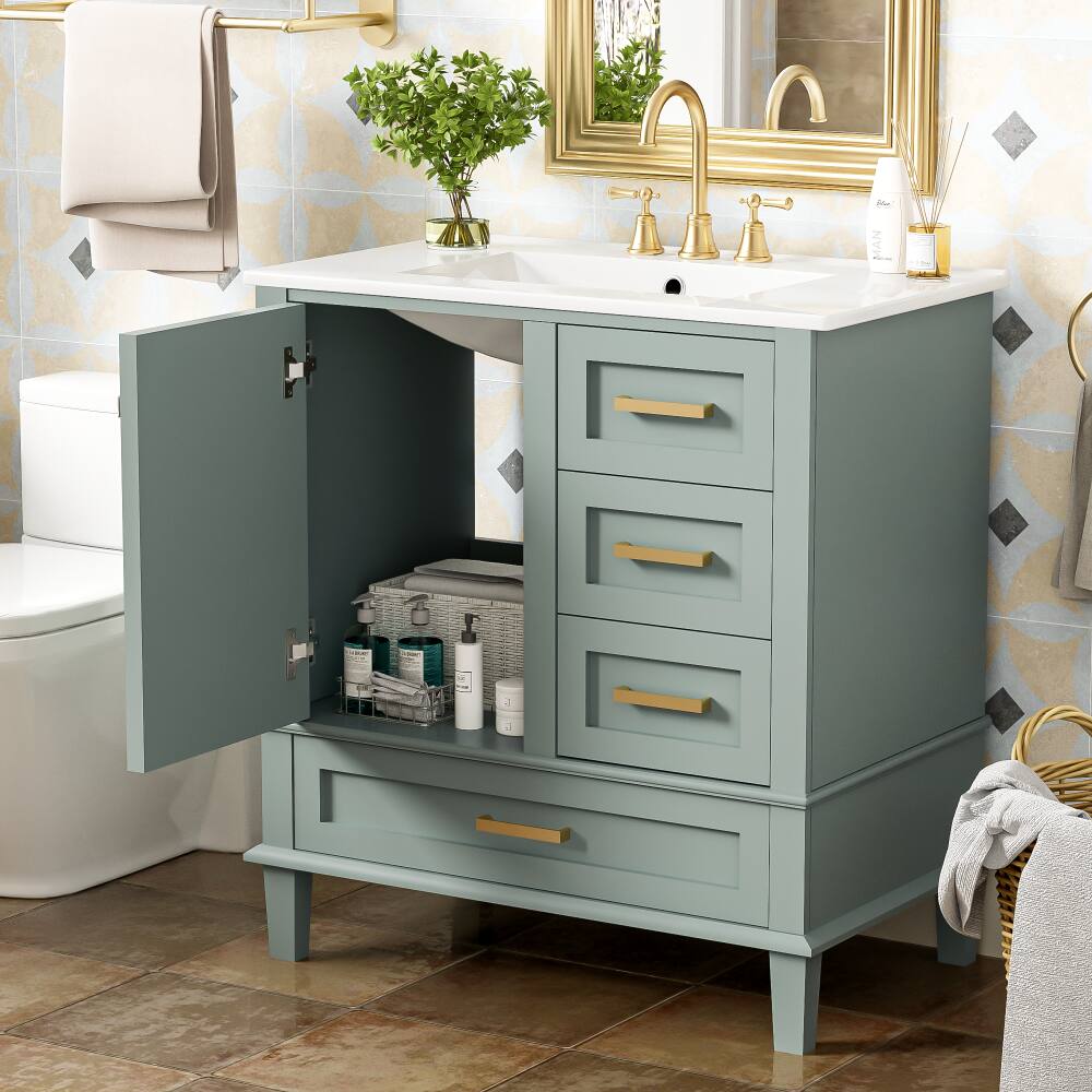 Left. JUJABU - Light Green 30" Bathroom Vanity Cabinet with Ceramic Sink Combo Set - Light Green.