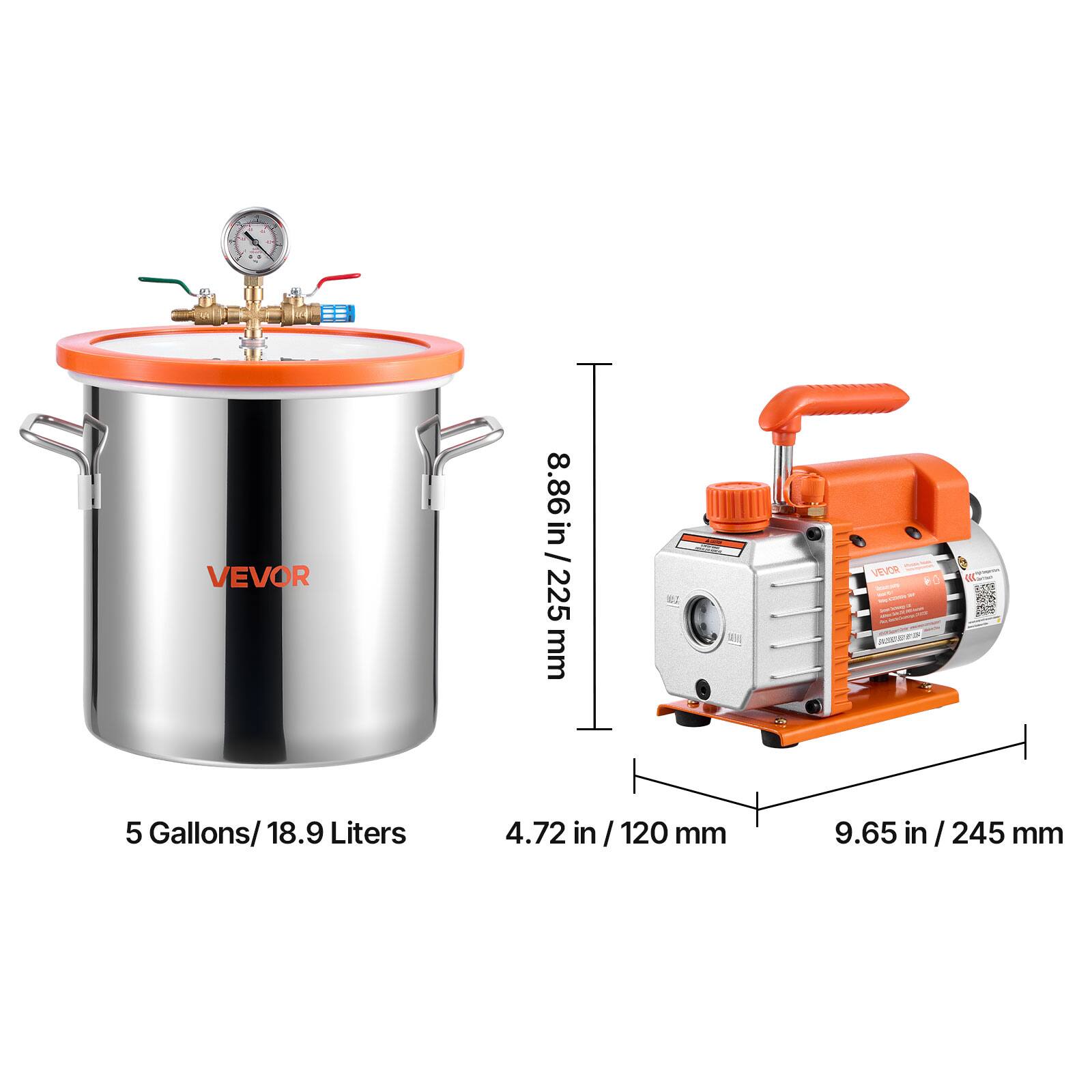 VEVOR

5 Gallons/18.9 Liters

4.72 in / 120 mm

9.65 in / 245 mm

8.86 in / 225 mm