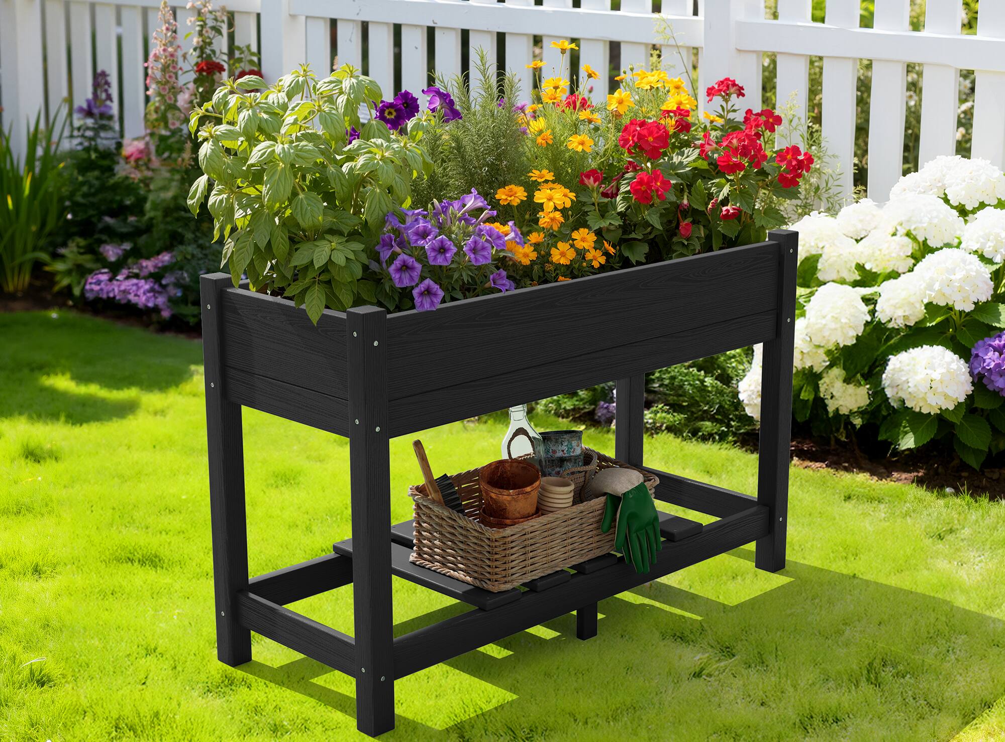 Back. SERWALL - SERWALL Raised Garden Bed with Legs-Black,HDPE Elevated Planter with Storage Shelf & Drainage Holes - black.