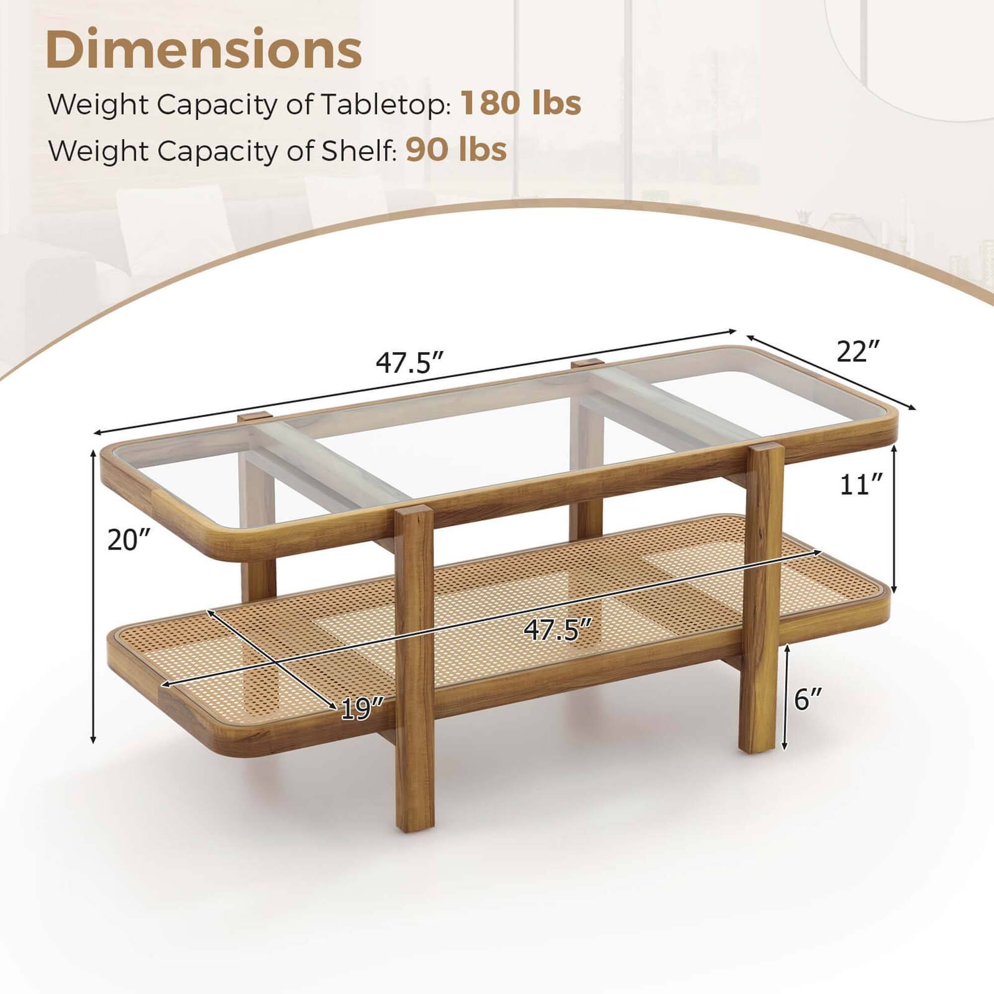 Dimensions:

* Weight capacity of tabletop: 180 lbs
* Weight capacity of shelf: 90 lbs
* Size: 47.5" x 22" x 11"
* Size: 20" x 47.5" x 6"