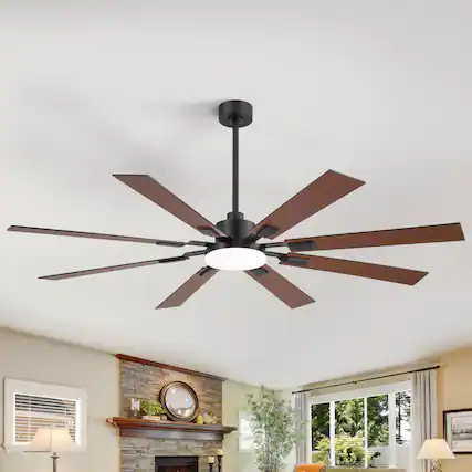 Front. Breezary - 72'' Ceiling Fan with 8 Plywood Blades, 3-Color Light, 6-Speed DC Motor, 6"/20" Downrods, Remote with Timer - Matte Black and Dark Wood Grain.