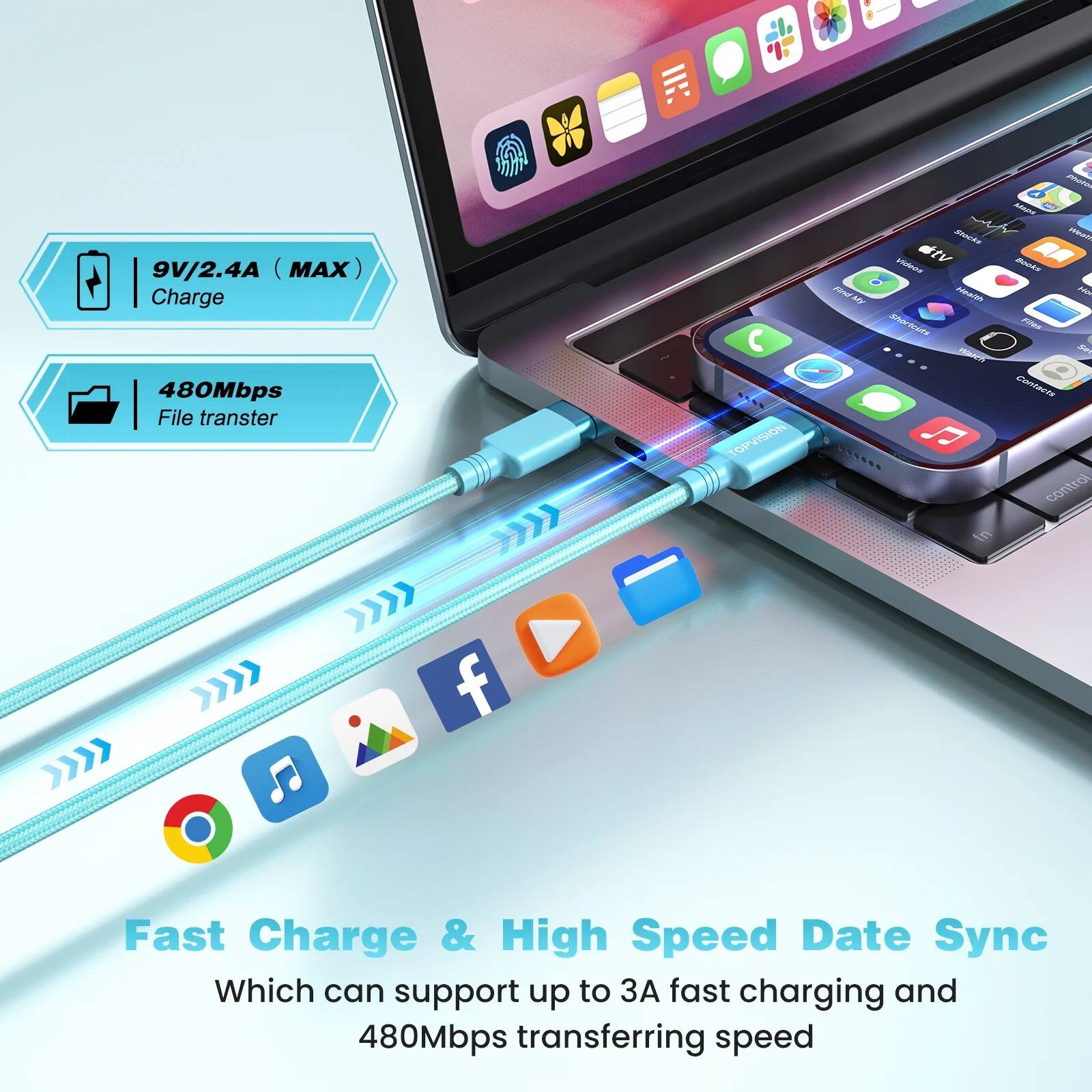 Sure, here is the corrected and grouped text:

---

**9V/2.4A (MAX) Charge**

**480Mbps File transfer**

**Fast Charge & High Speed Data Sync**

Which can support up to 3A fast charging and 480Mbps transferring speed

---

This text highlights the charging and data transfer capabilities of the product.