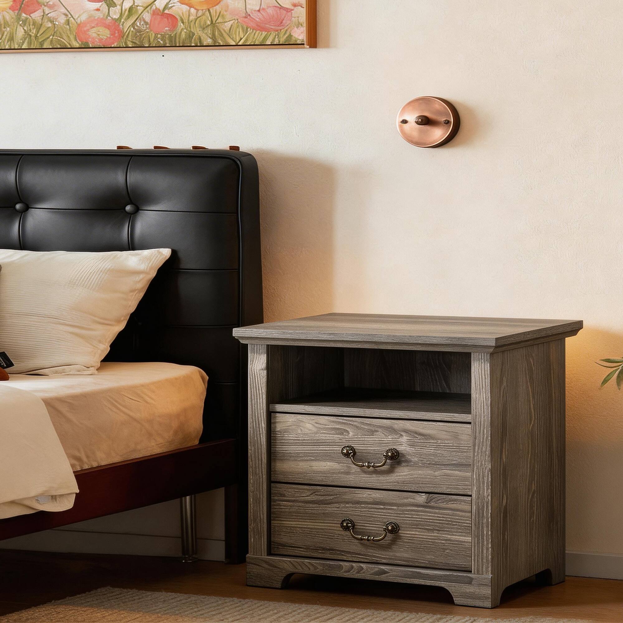 Left. Vaczon - Rustic Grey Nightstand Bedside Table with Open Shelf and 2 Drawers - Grey.