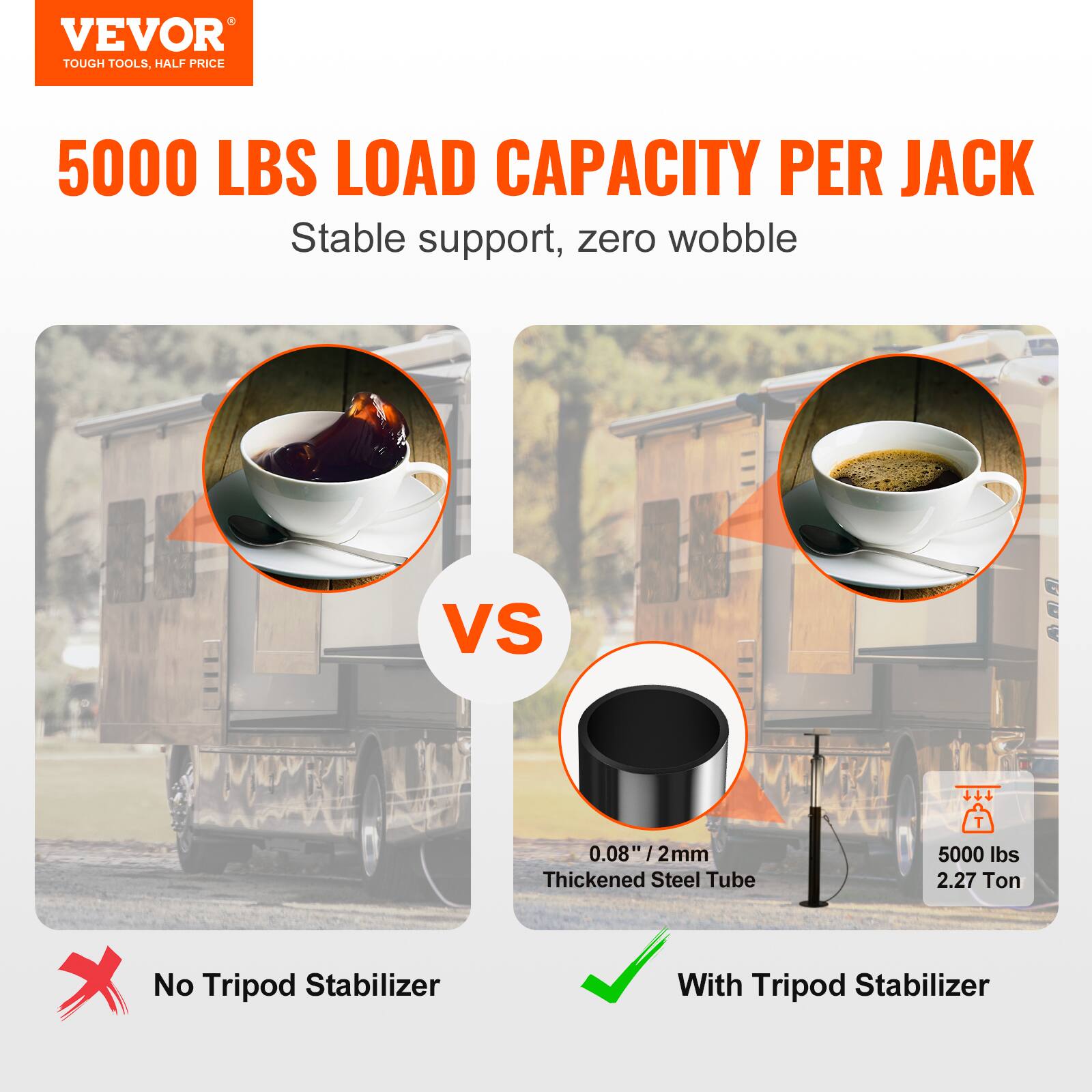 VEVOR TOUGH TOOLS, HALF PRICE  
5000 LBS LOAD CAPACITY PER JACK  
Stable support, zero wobble  
VS  
0.08" / 2mm Thickened Steel Tube  
5000 lbs / 2.27 Ton  
No Tripod Stabilizer  
With Tripod Stabilizer