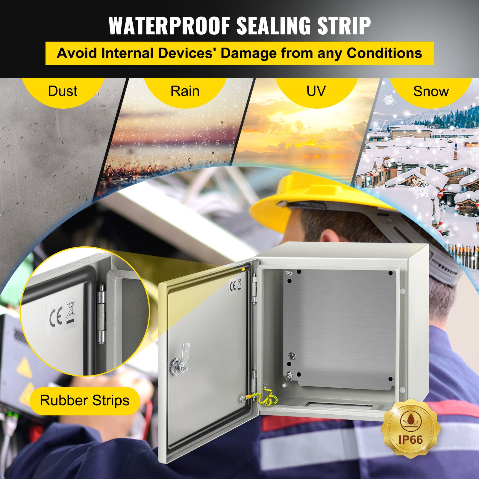 WATERPROOF SEALING STRIP  
Avoid Internal Devices' Damage from any Conditions  
Dust  
Rain  
UV  
Snow  
CE  
Rubber Strips  
IP66