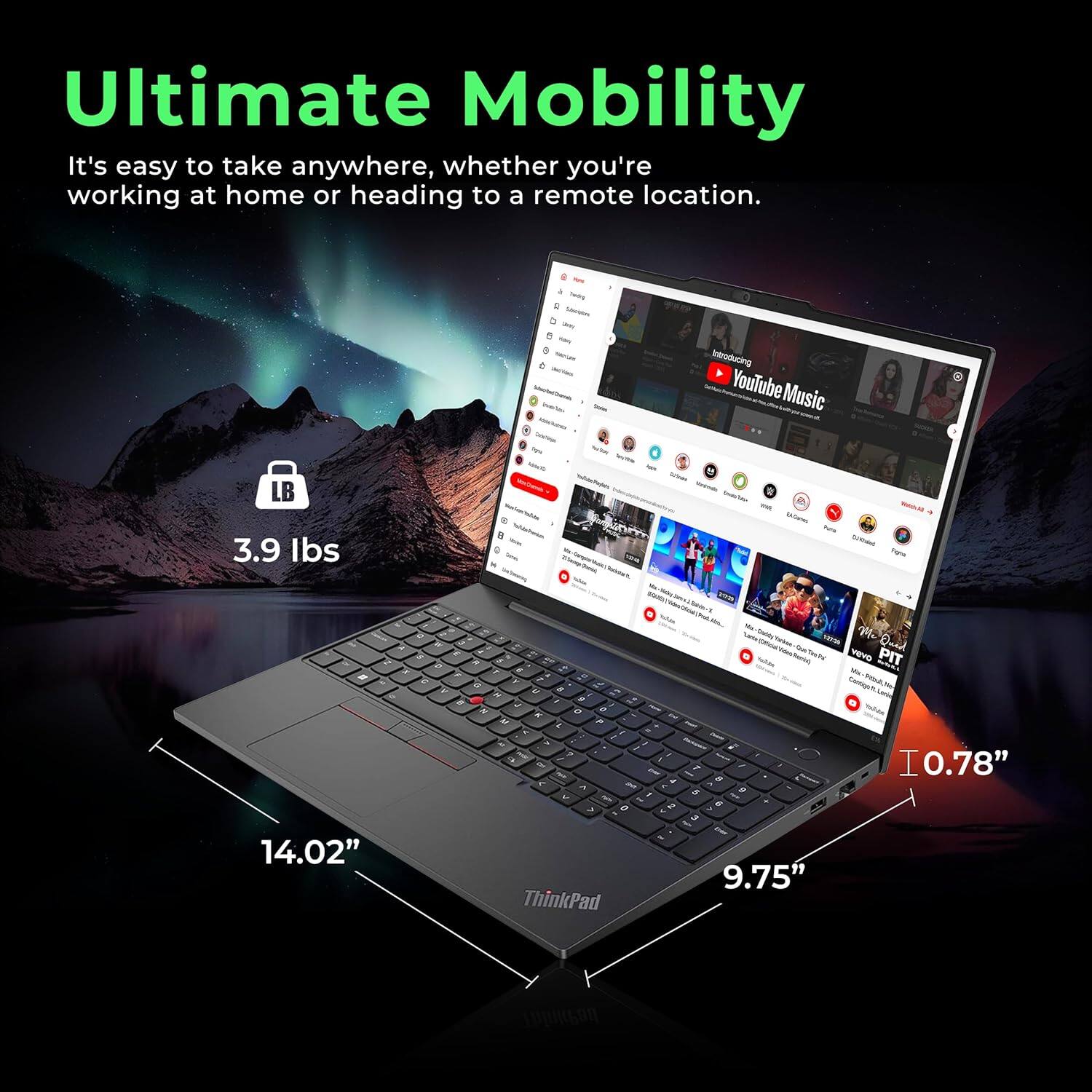 Ultimate Mobility  
It's easy to take anywhere, whether you're working at home or heading to a remote location.  

3.9 lbs  
14.02"  
10.78"  
9.75"