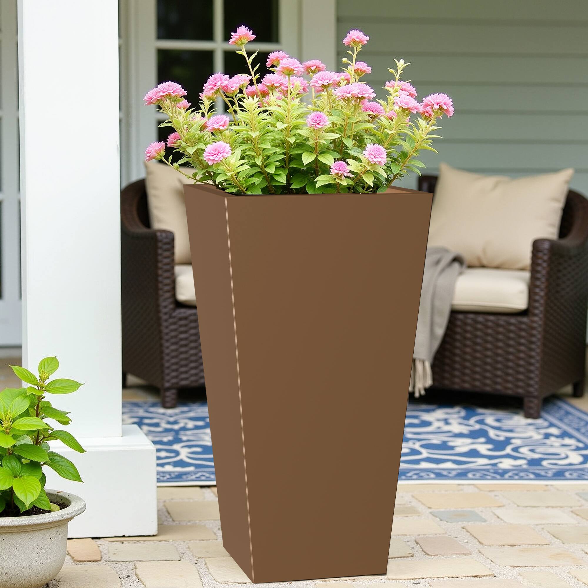 Alt View 3. PexFix - 28 in. H Metal Tapered Planter Pot with Drainage Hole – Indoor/Outdoor Planter Box for Patio, Entryway, Balcony, Garden - Brown.