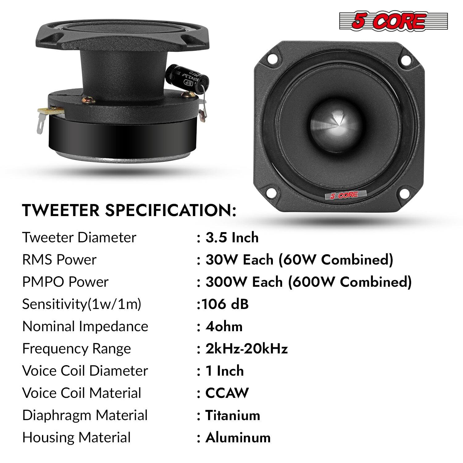 5 CORE
PECAI
CON GO
TWEETER SPECIFICATION:
5 CORE
Tweeter Diameter
RMS Power
PMPO Power
Sensitivity(1w/1m)
Nominal Impedance
Frequency Range
Voice Coil Diameter
Voice Coil Material
Diaphragm Material
Housing Material
: 3.5 Inch
: 30W Each (60W Combined)
: 300W Each (600W Combined)
: 106 dB
: 4ohm
: 2kHz-20kHz
: 1 Inch
: CCAW
: Titanium
: Aluminum