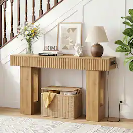 Aheaplus - 47'' Fluted Console Table with 2 Drawers, Narrow Entryway Table with Charging Station for Entryway, Foyer - Nature Oak