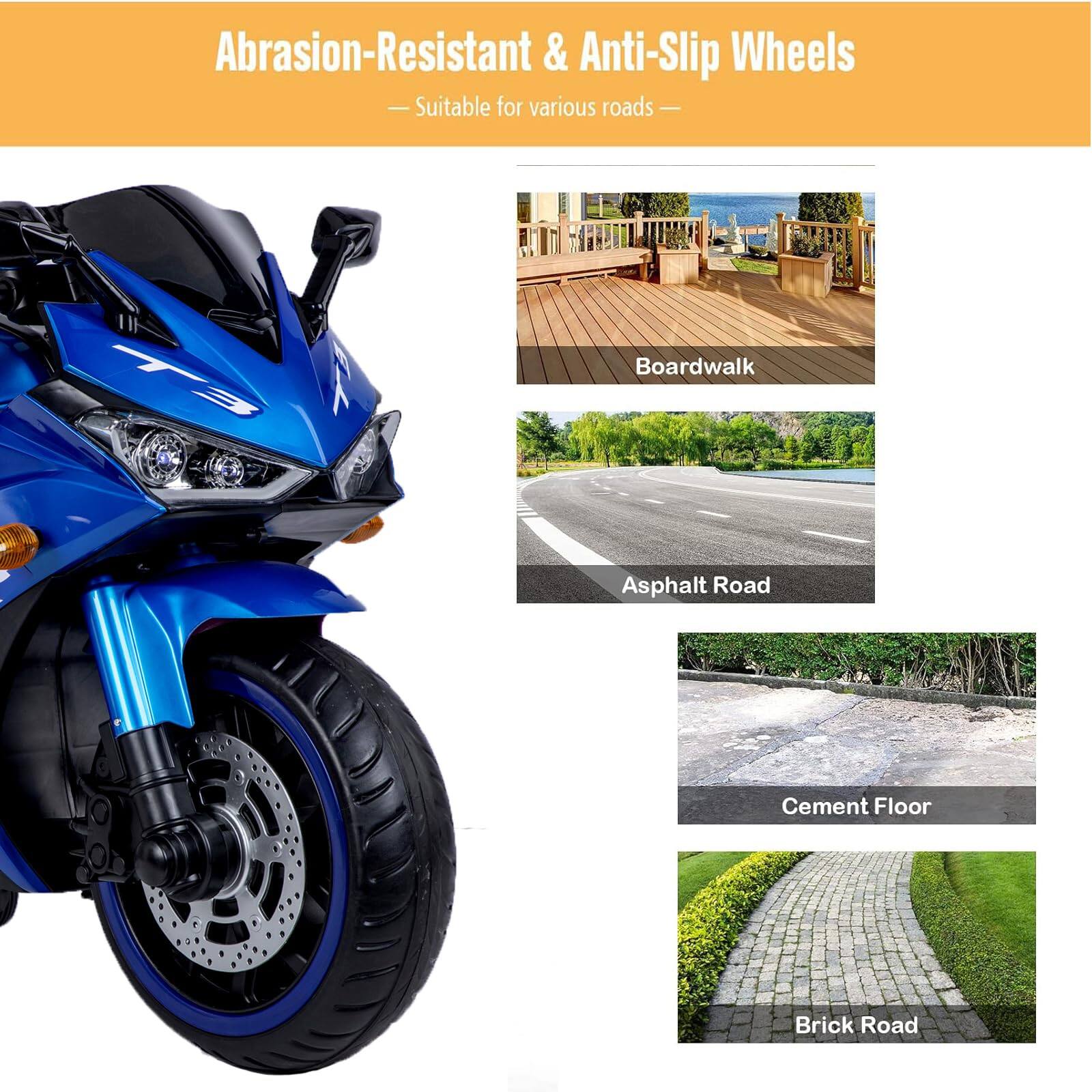 Abrasion-Resistant & Anti-Slip Wheels  
Suitable for various roads  

- Boardwalk  
- Asphalt Road  
- Cement Floor  
- Brick Road