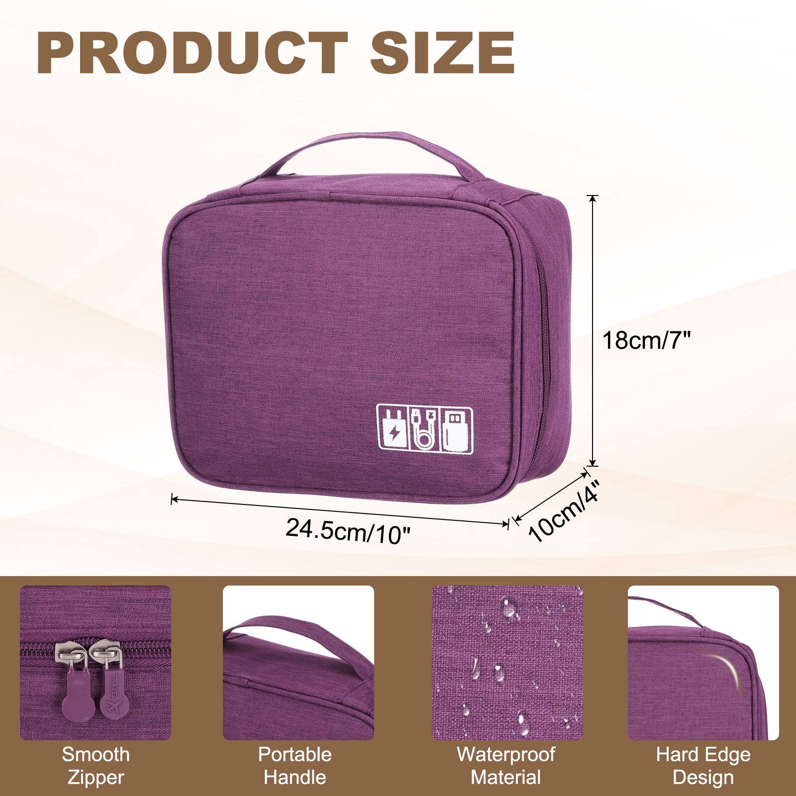 PRODUCT SIZE

18cm/7"  
24.5cm/10"  
10cm/4"

Smooth Zipper  
Portable Handle  
Waterproof Material  
Hard Edge Design