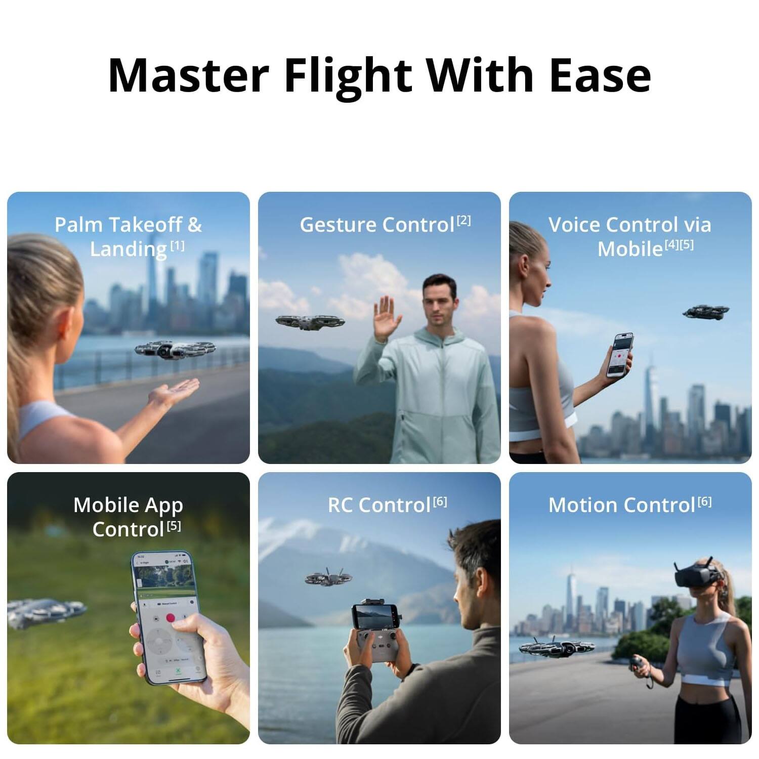 Master Flight With Ease

1. Palm Takeoff & Landing
2. Gesture Control
3. Voice Control via Mobile
4. Mobile App Control
5. RC Control
6. Motion Control