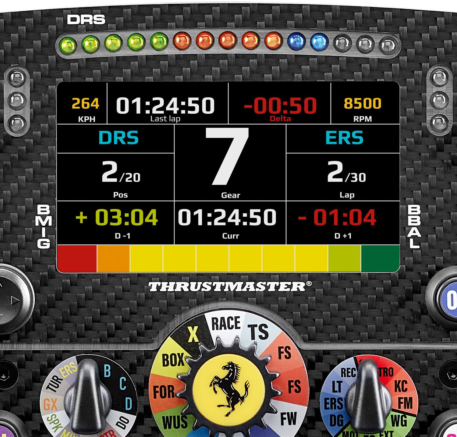 DRS BMIG 264 01:24:50 -00:50 8500  
Last lap Delta RPM DRS ERS 2/20 7 2/30  
Pos Gear Lap + 03:04 01:24:50 - 01:04 D-1 Curr D +1  
PEW - ERS TUR GX SPK Mi  
THRUSTMASTER RACE X TS FS BOX  
REC TRO FS LT KC FOR D ERS FM DO WUS FW DG WG TR MOT FYT