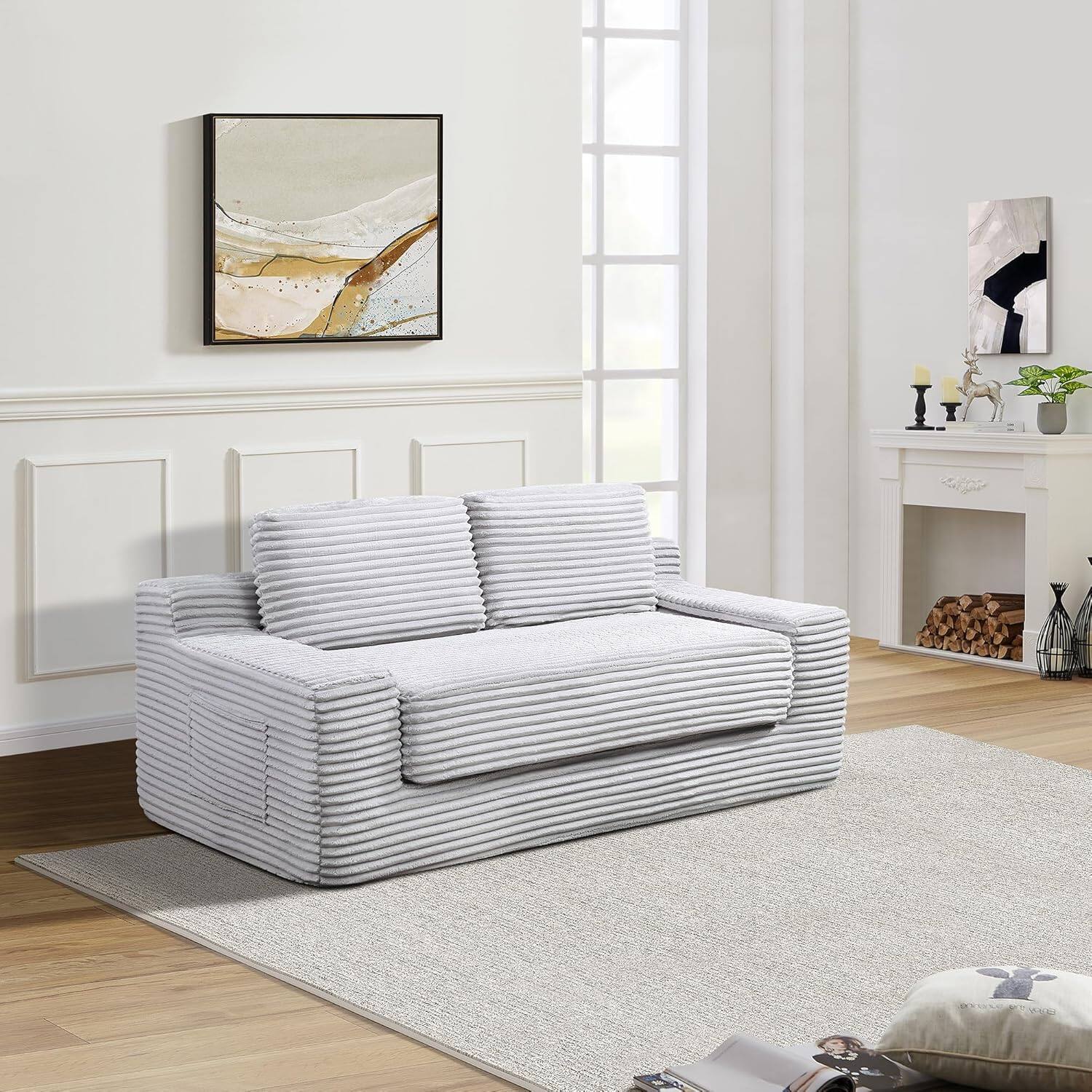 Alt View 4. Trinkets Crazed - Corduroy Cloud Loveseat Sofa, 2 in 1 Folding Convertible Sleeper Sofa with Fixed-Shape Frame and 2 Pillows - gray.