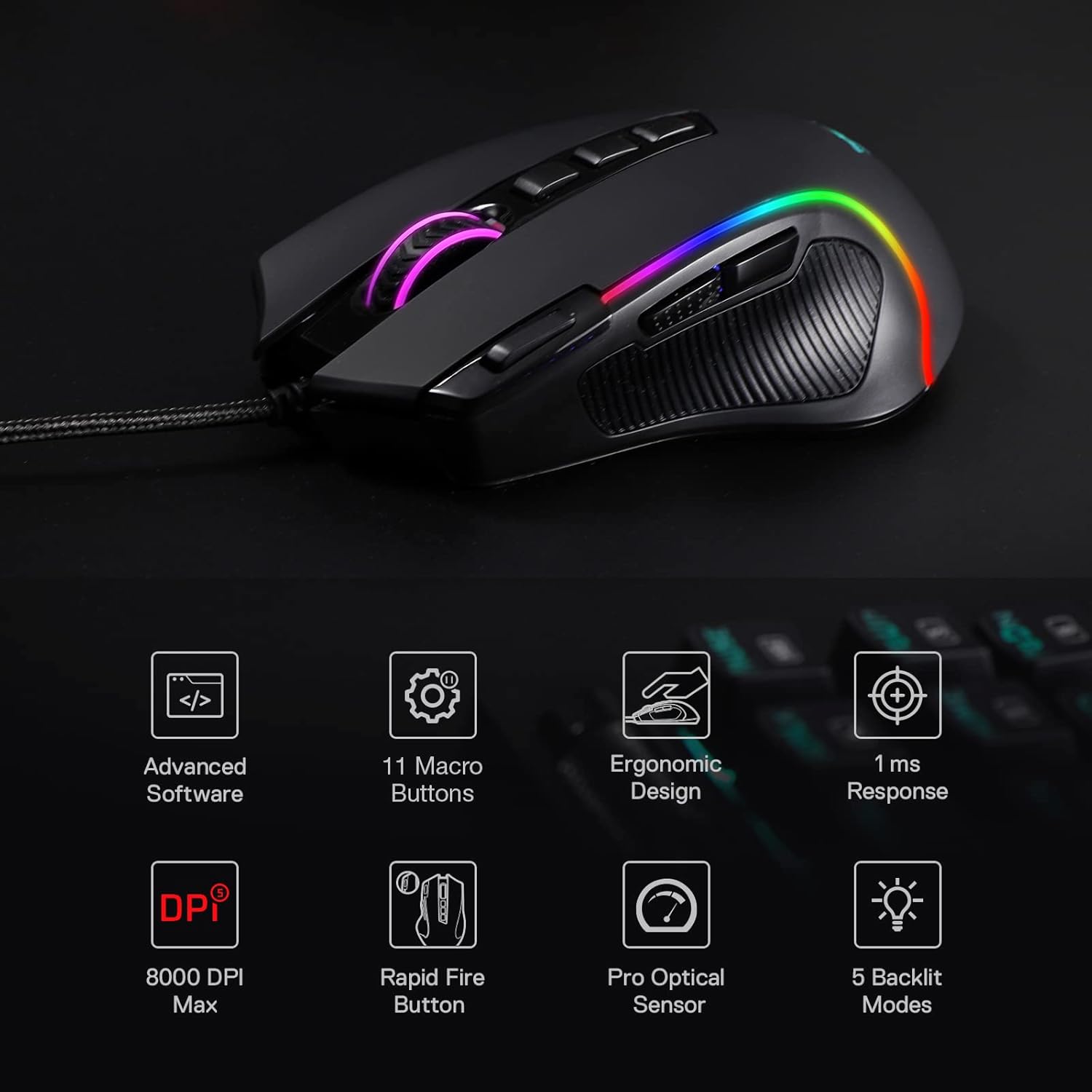 Advanced Software  
11 Macro Buttons  
Ergonomic Design  
1 ms Response  
8000 DPI Max  
Rapid Fire Button  
Pro Optical Sensor  
5 Backlit Modes
