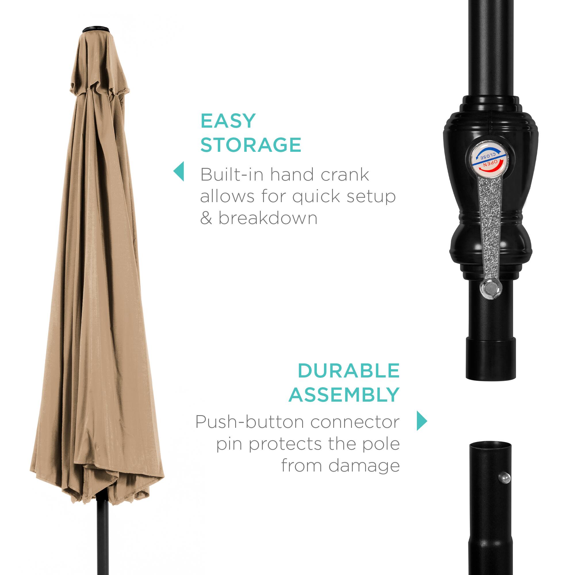 EASY STORAGE  
Built-in hand crank allows for quick setup & breakdown  

DURABLE ASSEMBLY  
Push-button connector pin protects the pole from damage