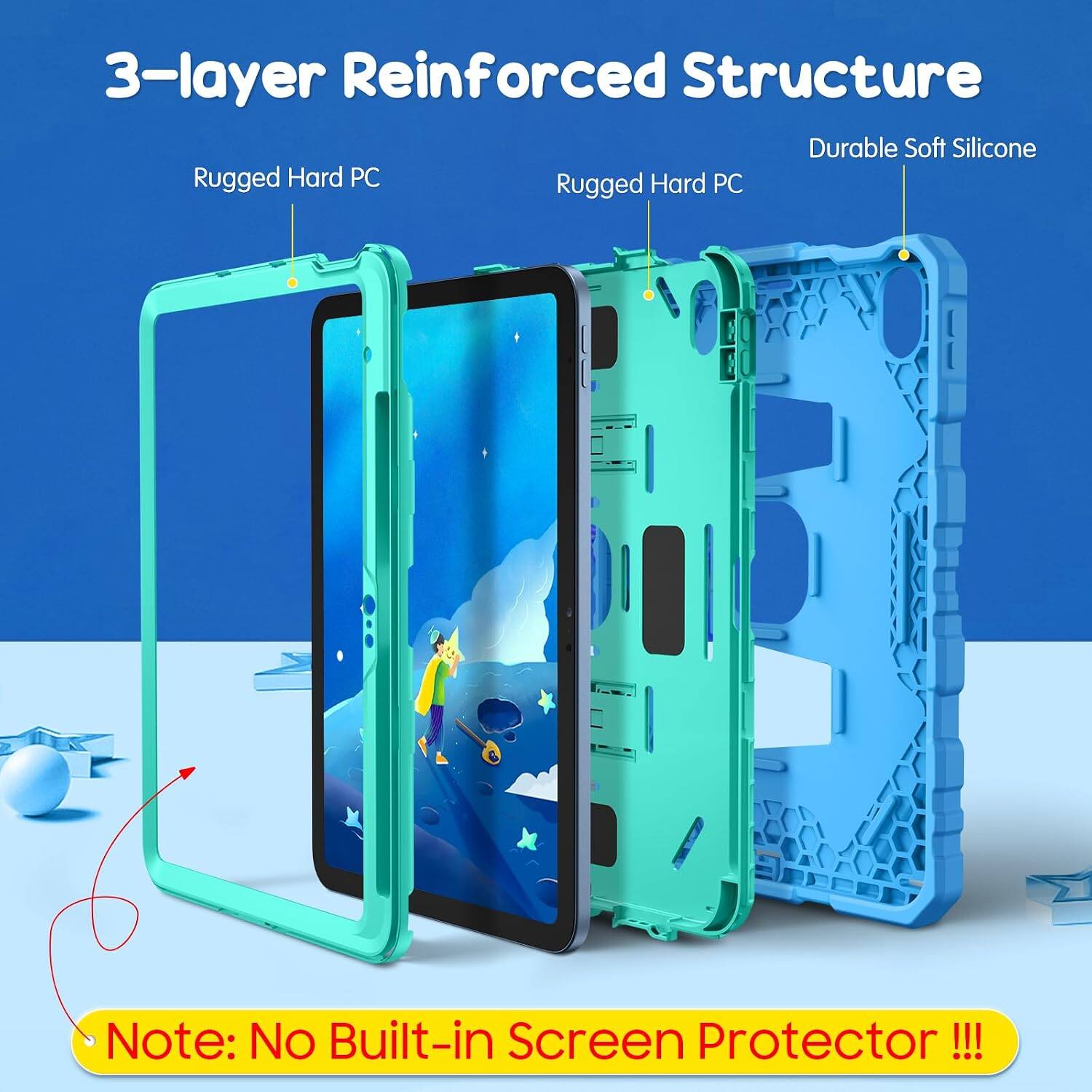 3-layer Reinforced Structure  
Durable Soft Silicone  
Rugged Hard PC  
Rugged Hard PC  

Note: No Built-in Screen Protector !!!