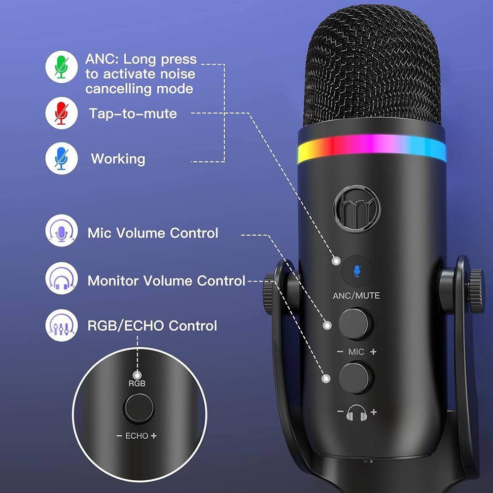 Left. MOSZAR LLC - USB Microphone for iPhone & PC – RGB Condenser Mic with Touch Mute, Gain.