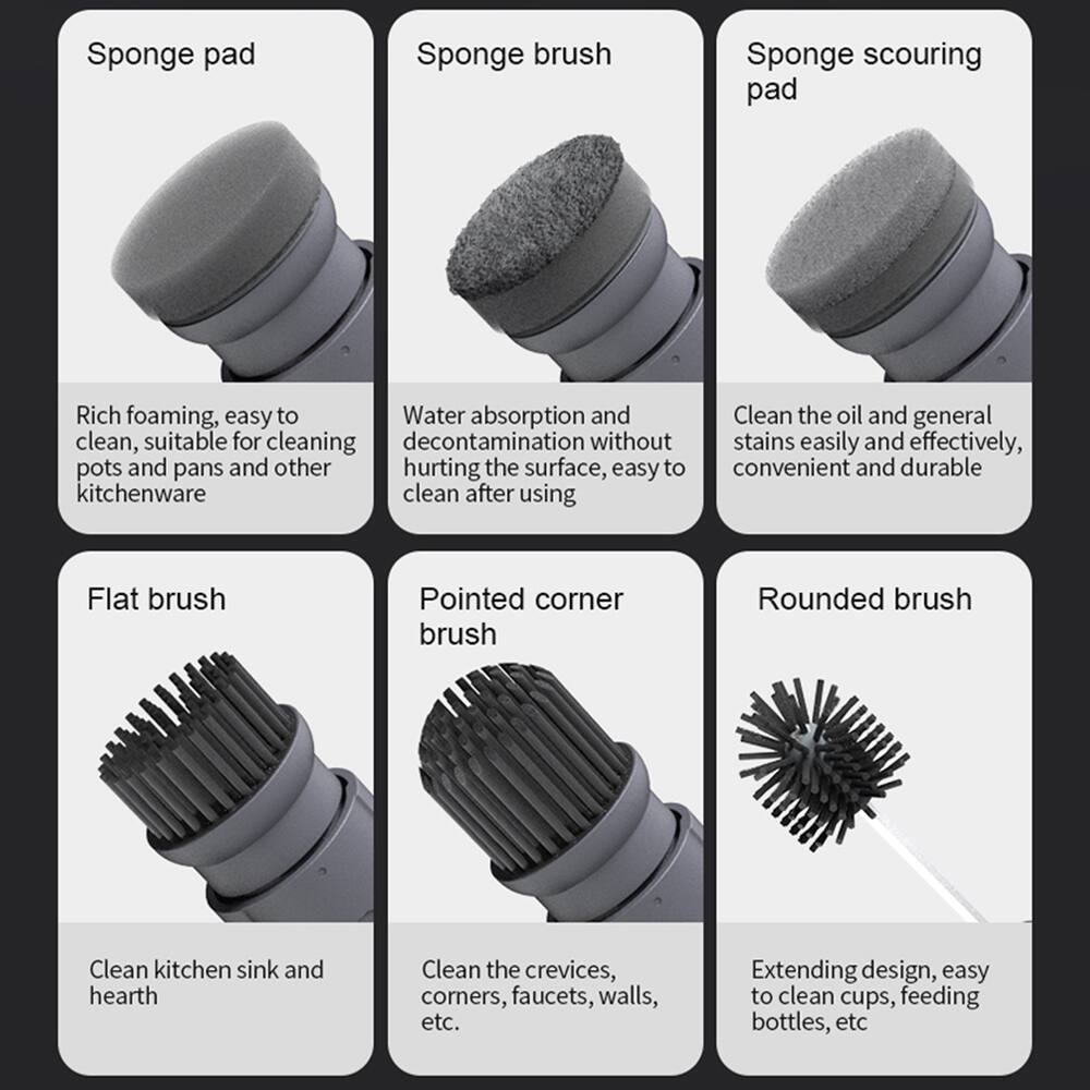 - **Sponge pad**: Rich foaming, easy to clean, suitable for cleaning pots and pans and other kitchenware.
- **Sponge brush**: Water absorption and decontamination without hurting the surface, easy to clean after using.
- **Sponge scouring pad**: Clean the oil and general stains easily and effectively, convenient and durable.
- **Flat brush**: Clean kitchen sink and hearth.
- **Pointed corner brush**: Clean the crevices, corners, faucets, walls, etc.
- **Rounded brush**: Extending design, easy to clean cups, feeding bottles, etc.