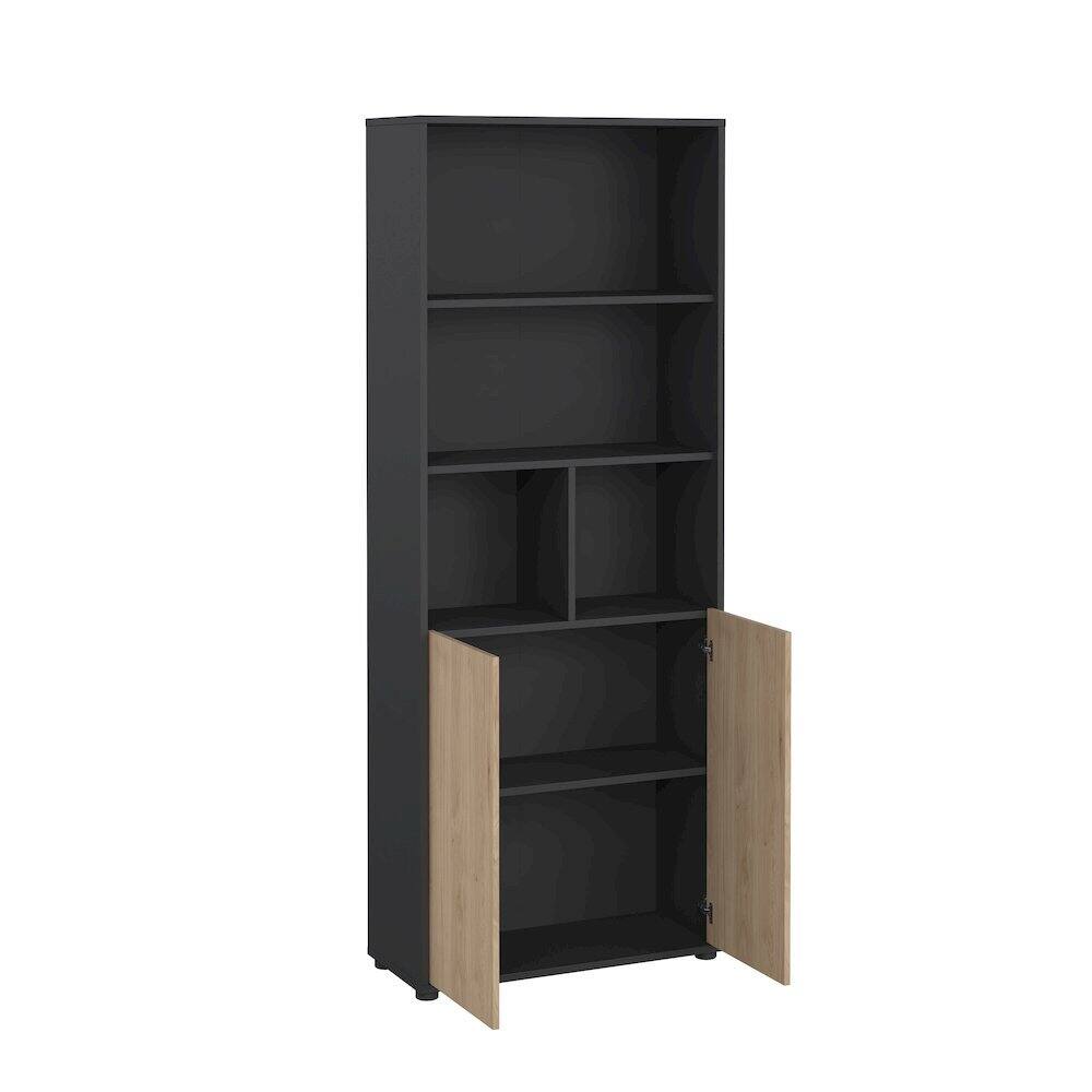 Back. FurniFact - 6-Shelf Bookshelf with 2 Doors for Office, Bedroom, or Living Room - Gray.