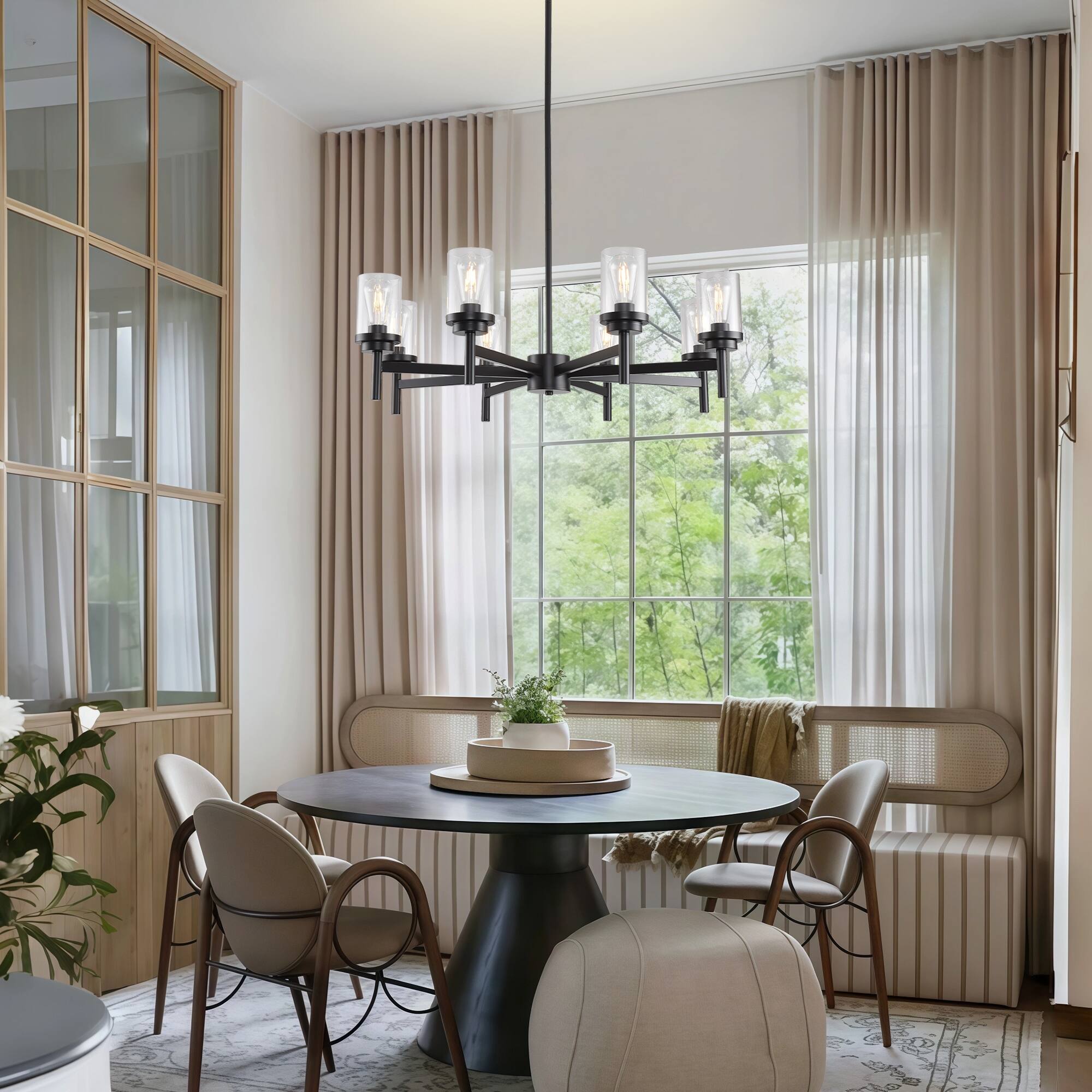 Back. RYHNUYNE - 8-Light Dining Room Light Fixtures Over Table,Black Farmhouse Glass Chandelier,Industrial Lighting for Living Room Foyer - Black.