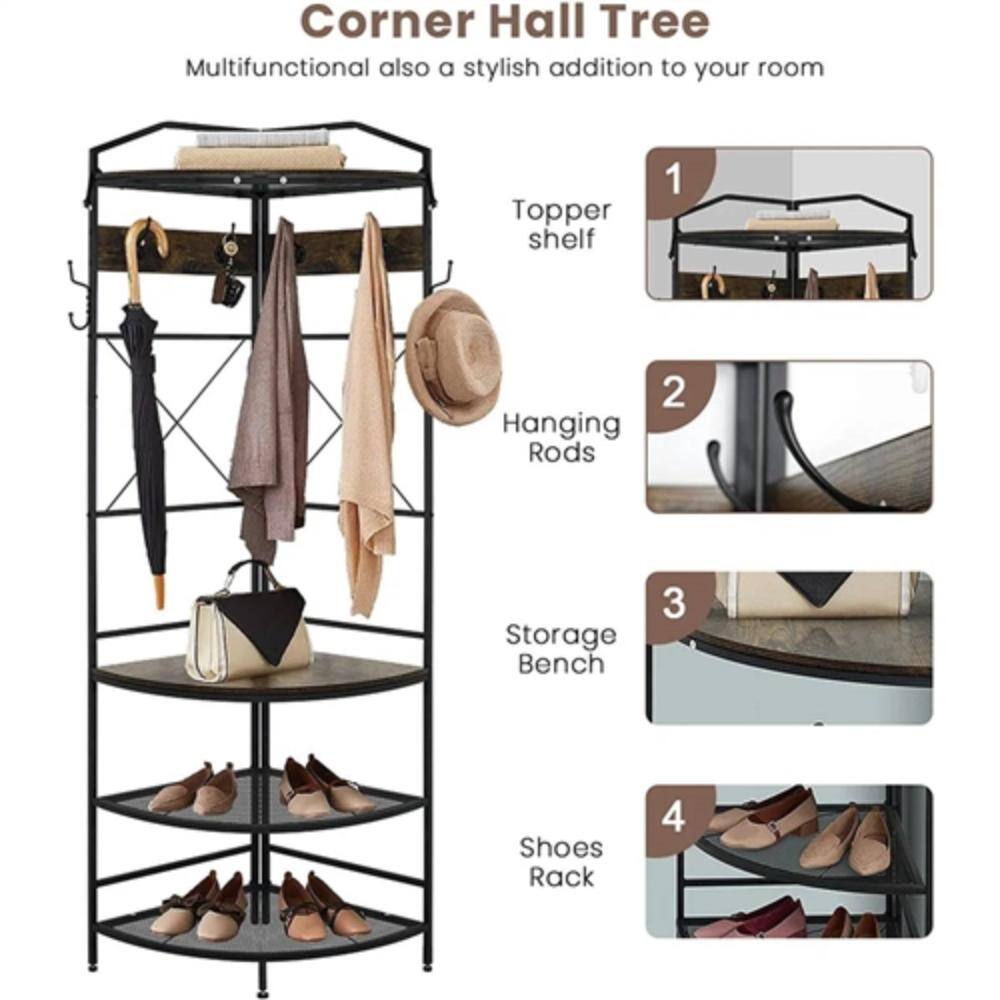 Corner Hall Tree  
Multifunctional also a stylish addition to your room  

1. Topper shelf  
2. Hanging Rods  
3. Storage Bench  
4. Shoes Rack