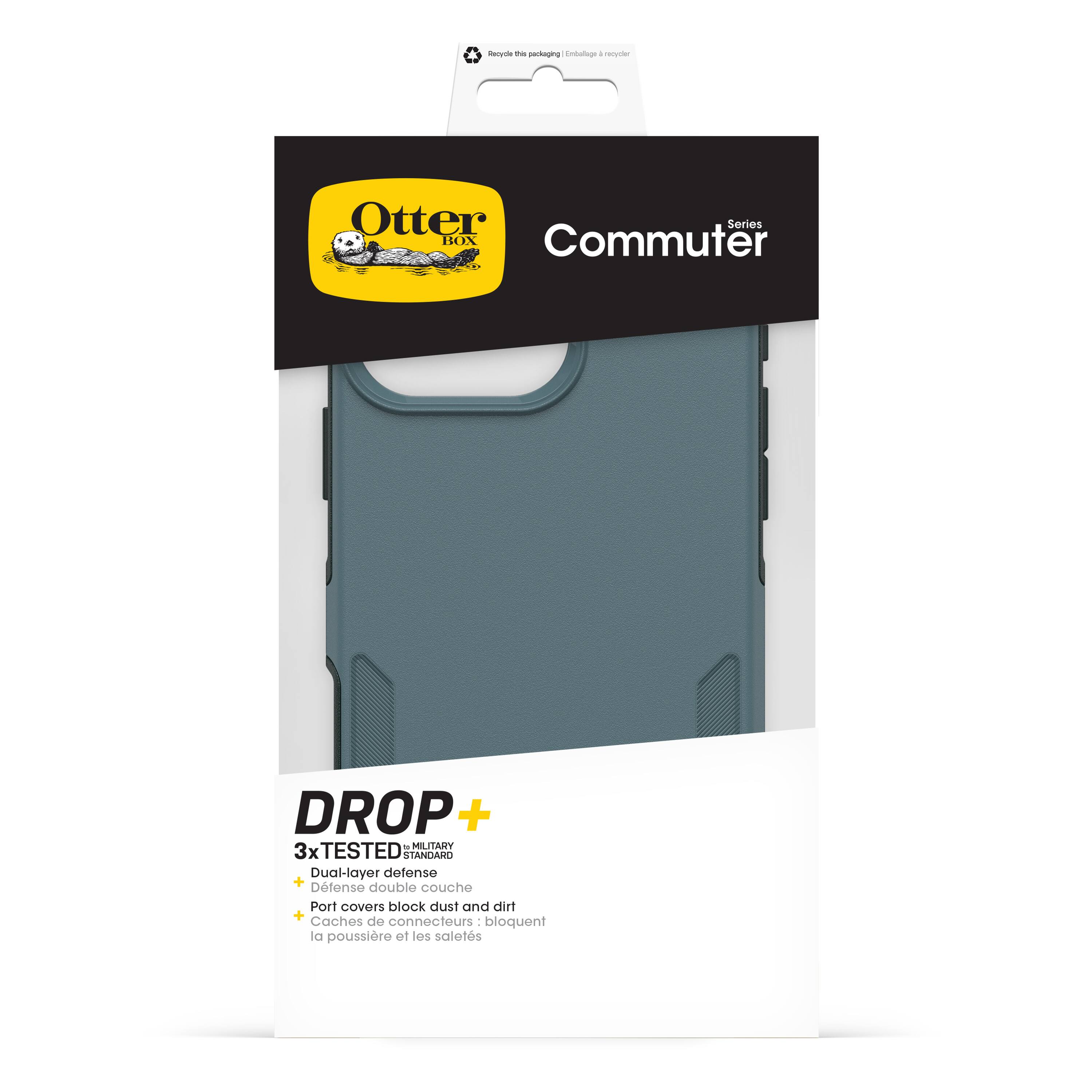 The text on the image reads:

* Otter Stories BOX Commuter DROP + - 3x TESTED STANDARO Dual-layer defense + Dust and dirt protection + Port covers block dust and dirt + Catches de connecteurs bloquent la poussière et les saletes.