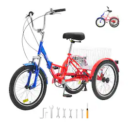 VEVOR - Folding Adult Tricycle, 20-Inch 7-Speed Adult Folding Trikes, Carbon Steel 3 Wheel Cruiser Bike with Large Basket - Blue,Red