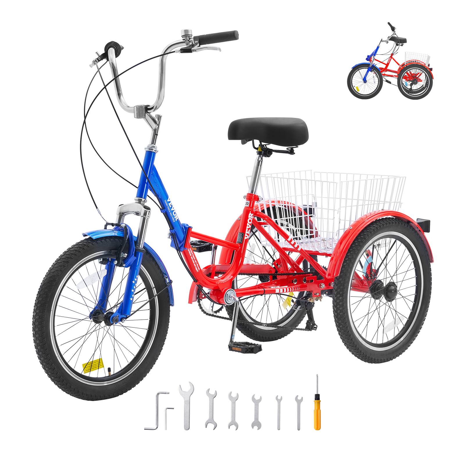 VEVOR - Folding Adult Tricycle, 20-Inch 7-Speed Adult Folding Trikes, Carbon Steel 3 Wheel Cruiser Bike with Large Basket - Blue,Red